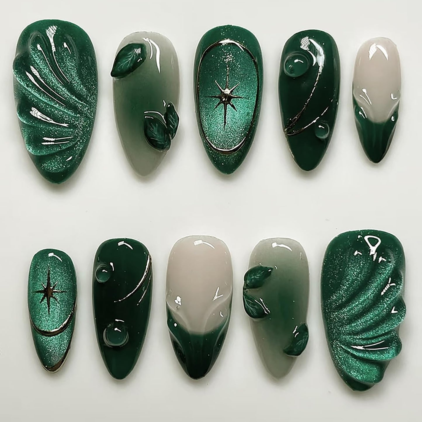 PODUOJIEYI 24Pcs Glitter Green Press On Nails Medium Almond Shape False Nails with 3D Leaf Water Ripple Designs Gold Star Glossy Acrylic Glue On Nails for Women DIY Manicure Salon