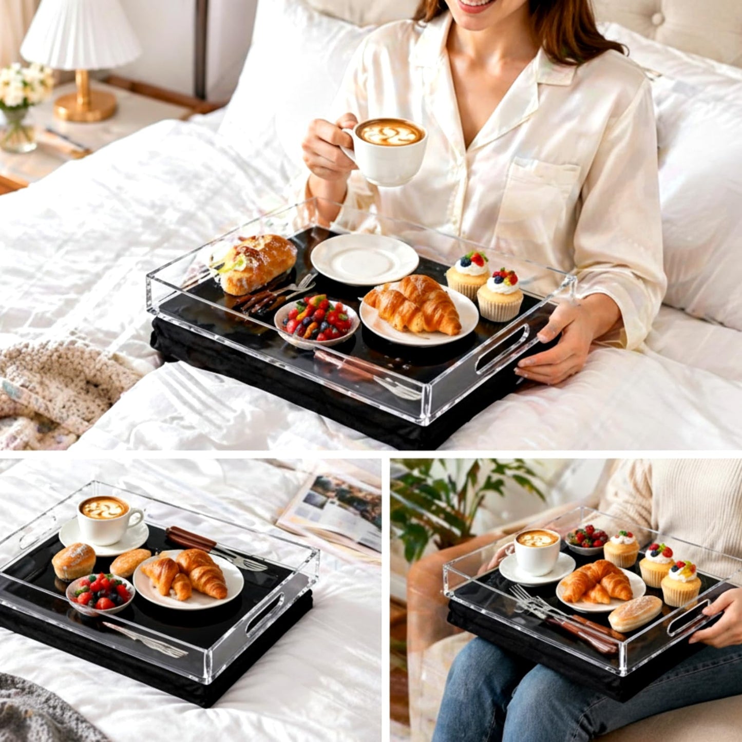 LemonRoad Acrylic Lap Tray for Bed or Couch – 16.5″ x 13″ Portable Tray with Detachable Cushions, Non-Slip Surface for Eating, Reading, or Laptop Use – Comfortable BedTray with Soft Pillow