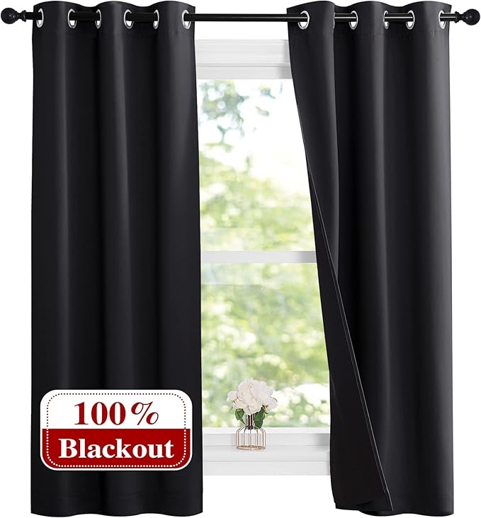 NICETOWN Complete 100% Blackout Curtain Set, Black, 37" W by 60" L, Double Panels, Thermal Insulated & Energy Efficiency Window Draperies with Black Liner, Noise Reducing Short Curtains for Kids Room