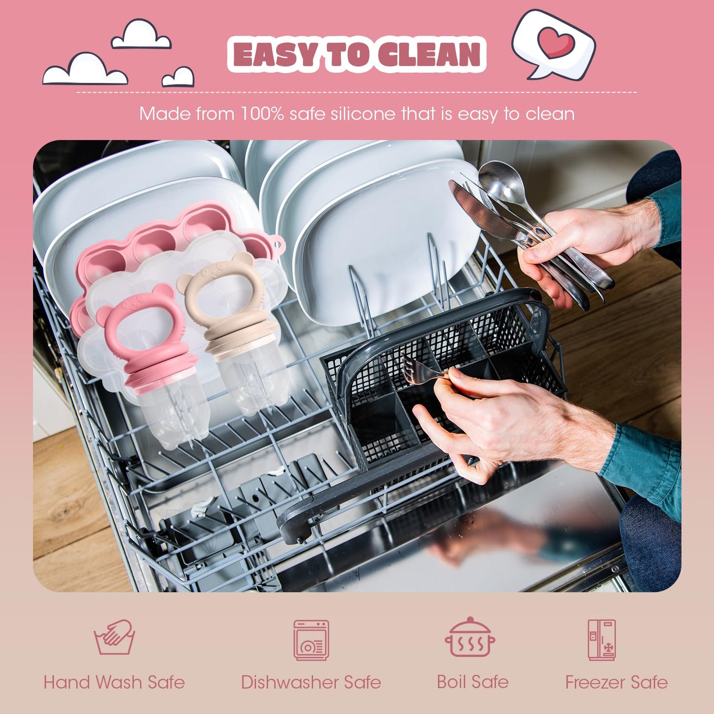 Baby Food Feeder Set, 2 Packs Fruit Feeder & Breastmilk Popsicle Molds Freezer Tray with Lid, Silicone Fruit Feeder to Teething Relief, Introduce New Foods, Baby Feeding Essentials(Red+Beige)