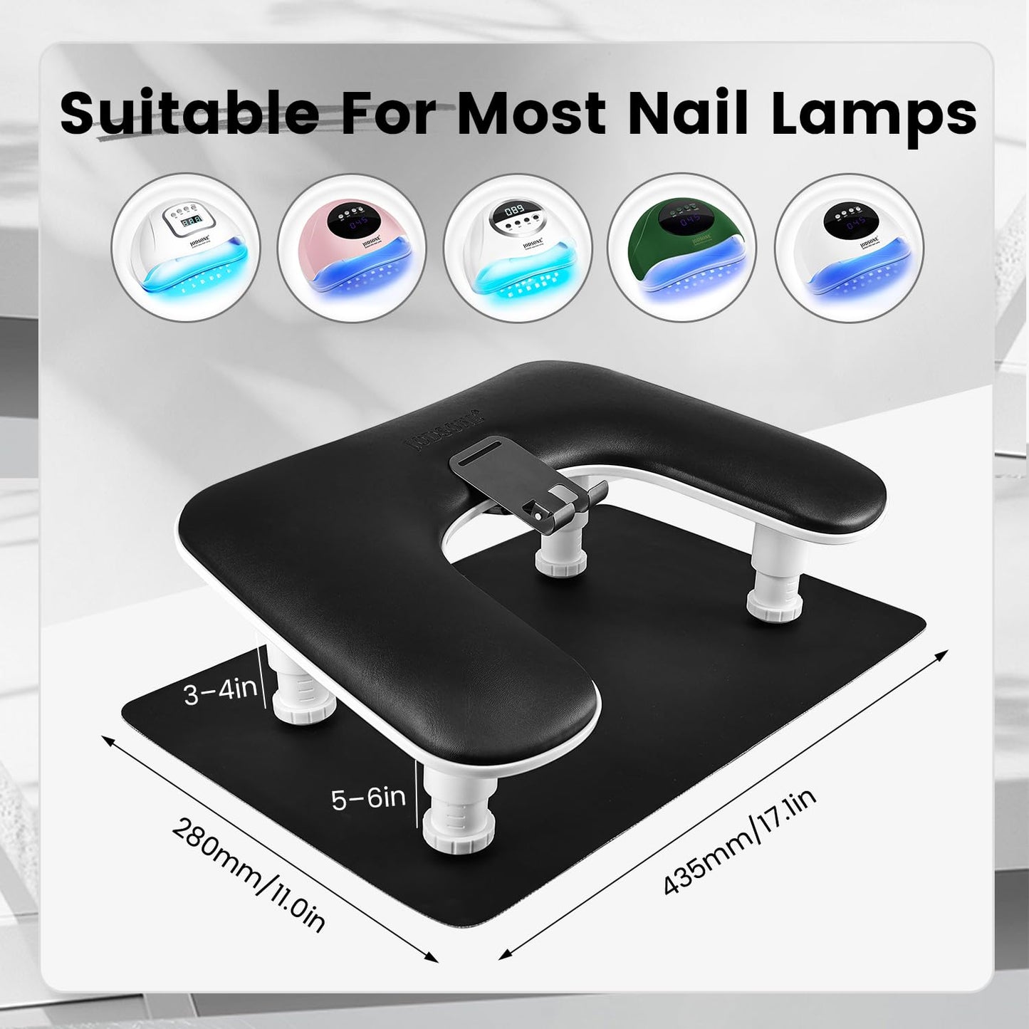 JODSONE U-Shaped Black Manicure Arm Rest for Nails Tech with Rotating 360°Built-In Phone Holder and Adjustable Nail Arm Rest Detachable Manicure Hand Rest for Salon Design (Includes Black Nail Mat)