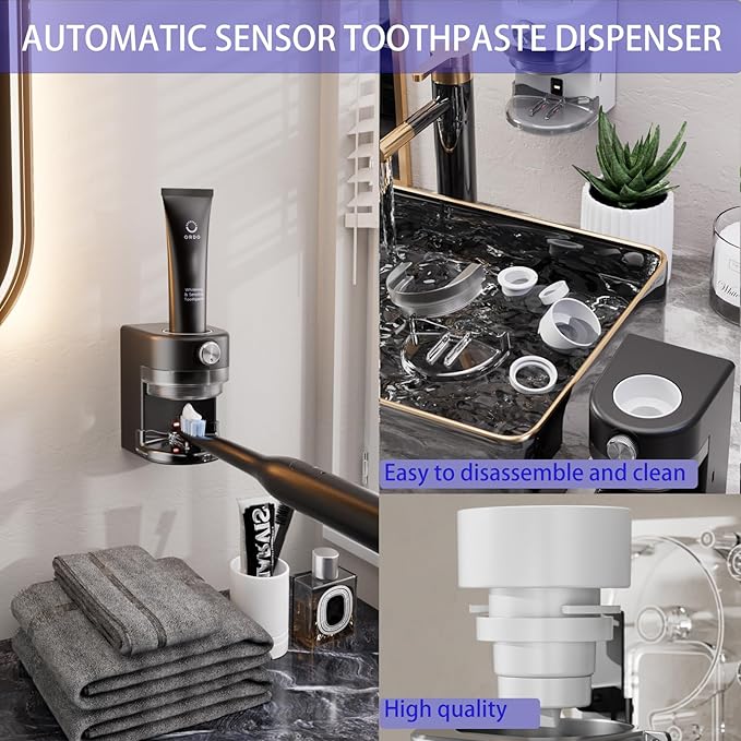 Toothpaste Squeezer, Bathroom Wall Mounted Electric Toothpaste Dispenser with Adjustable Toothpaste Dispensing Amount, Automatic Toothpaste Dispenser for Adults and Kids (Black)