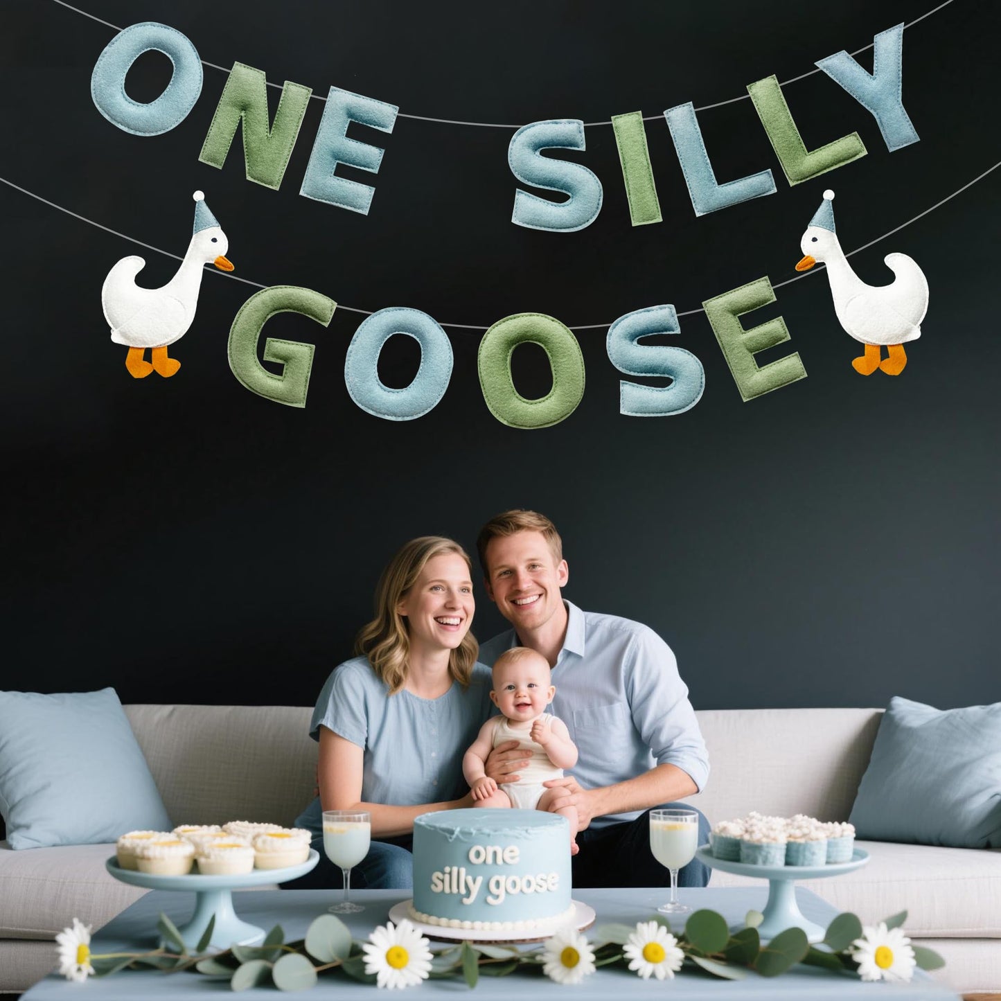 One Silly Goose Birthday Decorations Sage Green Dusty Blue Felt Handmade Pre-Strung 3d Goose 1st Bday Banner for Baby First Birthday Party Decorations Nursery Home Wall Fireplace Decor