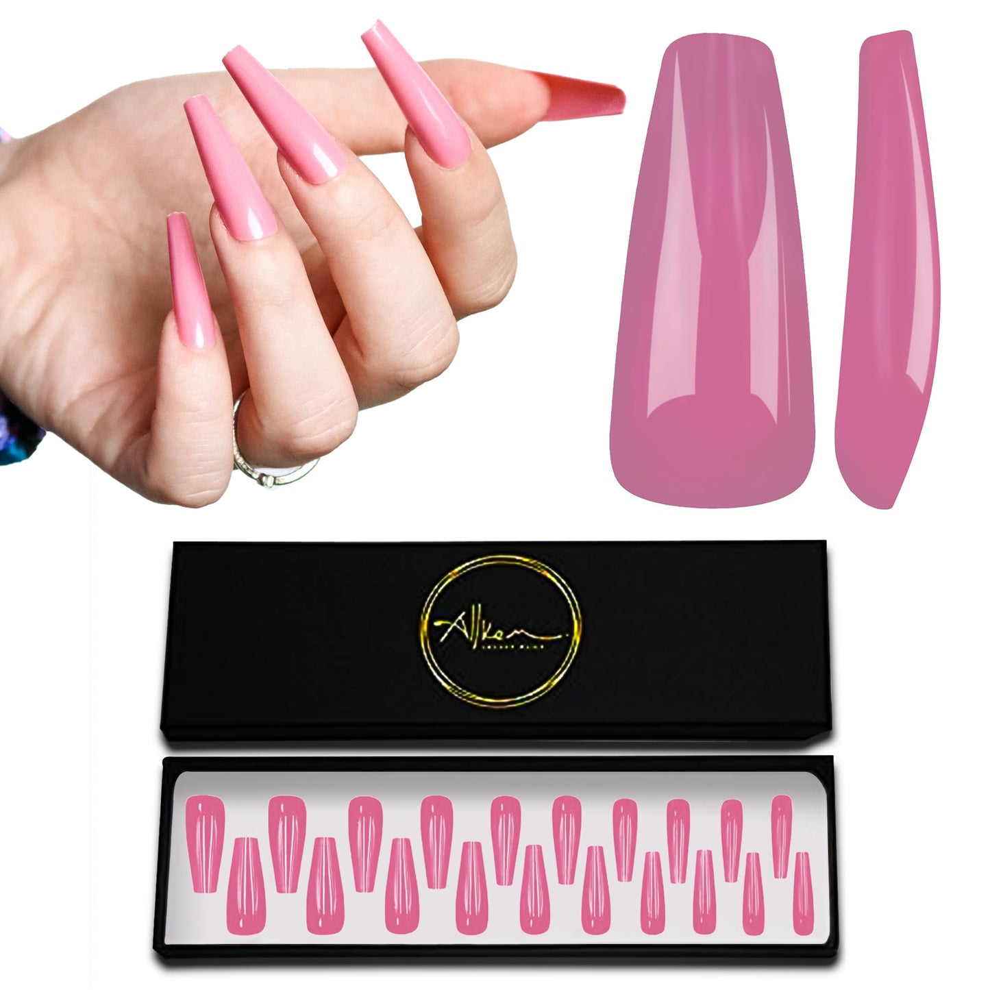 Allkem Press on Nails Extra Long Ballerina (20 Pieces) - Glossy Nail Extensions Kit - 10 Sizes Glue on Fake Nails (Rose Pink)