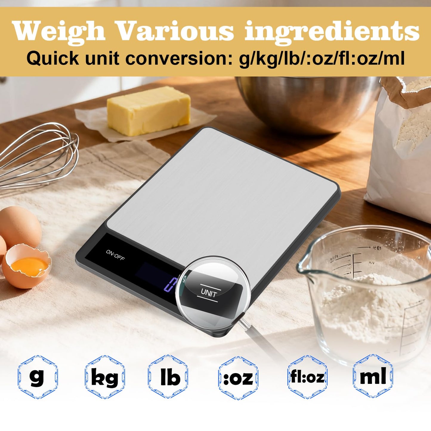 Food Digital Scale 33lb Kitchen Digital Scale Grams and Ounces for Weight Loss Baking Cooking Keto and Meal Prep Backlight LCD Smart Tare USB Rechargeable Waterproof 304 Stainless Steel