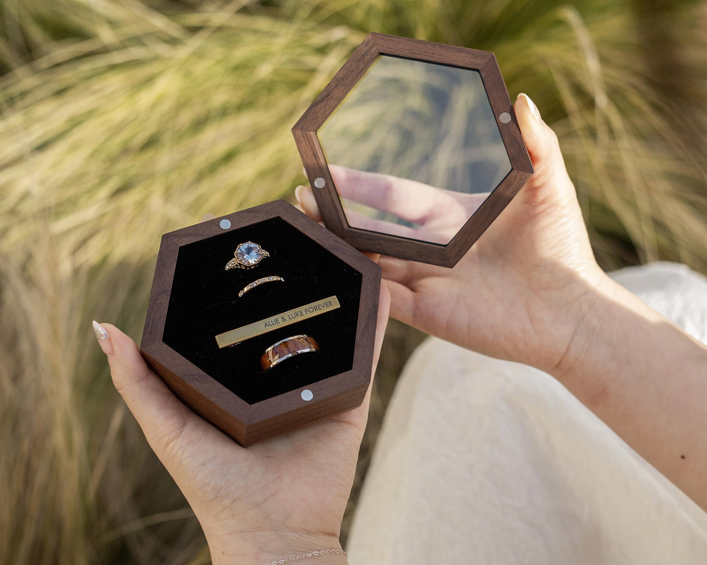 MUUJEE Wooden Hexagon Jewelry Box w/Magnetic Lid - 4.30 x 3.75 x 1.4 Rustic Classy for Jewelry Box Storage, Wedding Rings, Ceremony Ring Bearer
