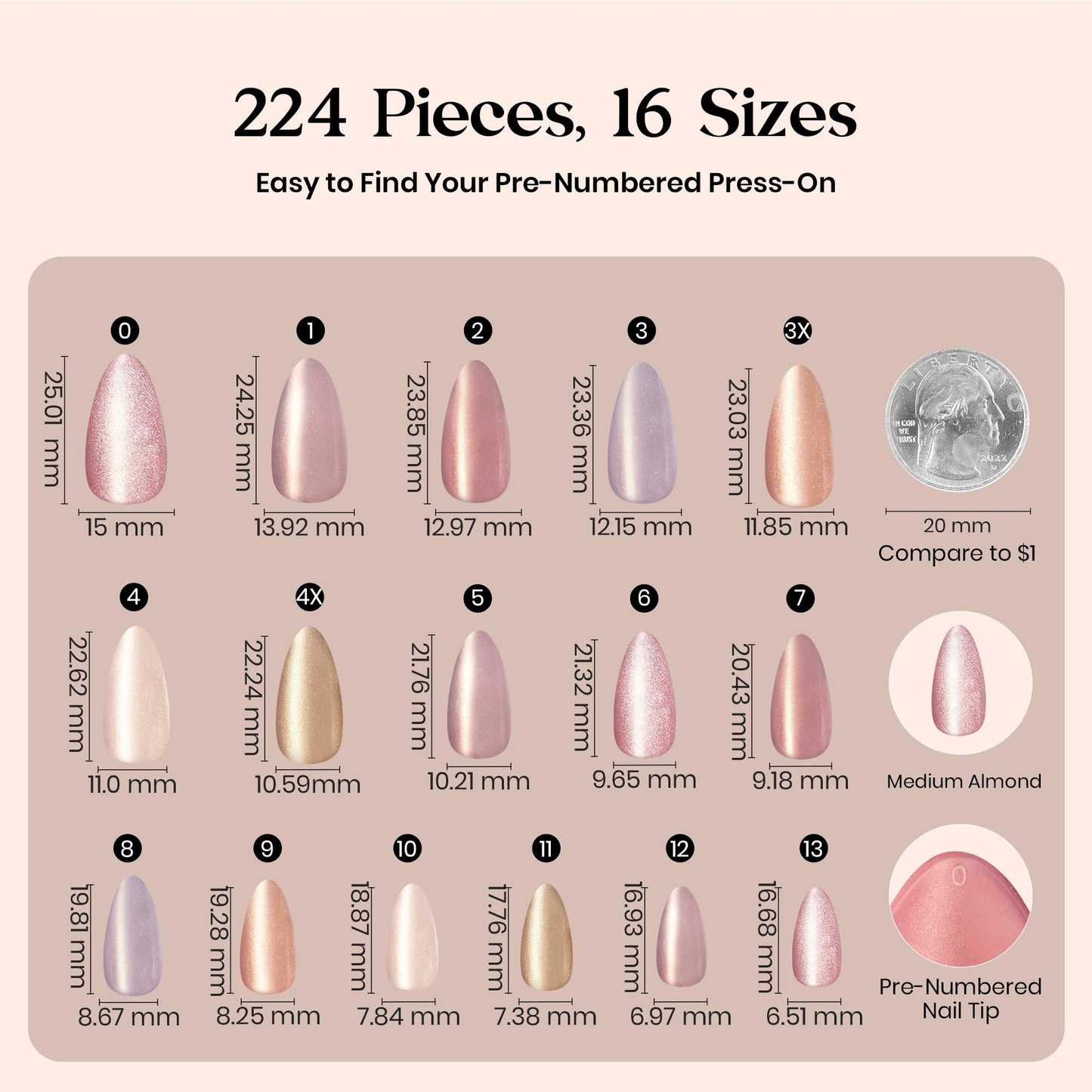Beetles Cat Eye Nails - 7 Colors Nude Medium Almond Press On Nails | 16 Sizes 224 Pcs Natural Salon Quality Glitter Chasing Light Cateye Nails For Women