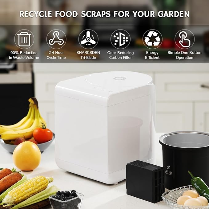 Airthereal Bundle | Revive Electric Kitchen Composter White and 1 Spare Bucket + Lid, 2.5L Capacity with SHARKSDEN® Tri-Blade, Turn Food Waste and Scraps into Dry Compost Fertilizer