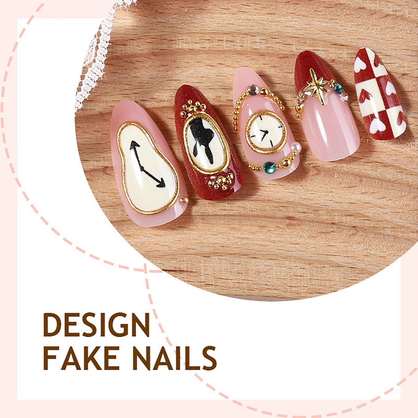 RUOKEXIN Almond Press on Nails Medium Fake Nails Heart False Nails with Rhinestones Designs Handmade Nail Press ons Sparkly Artificial Nails for Women 24Pcs