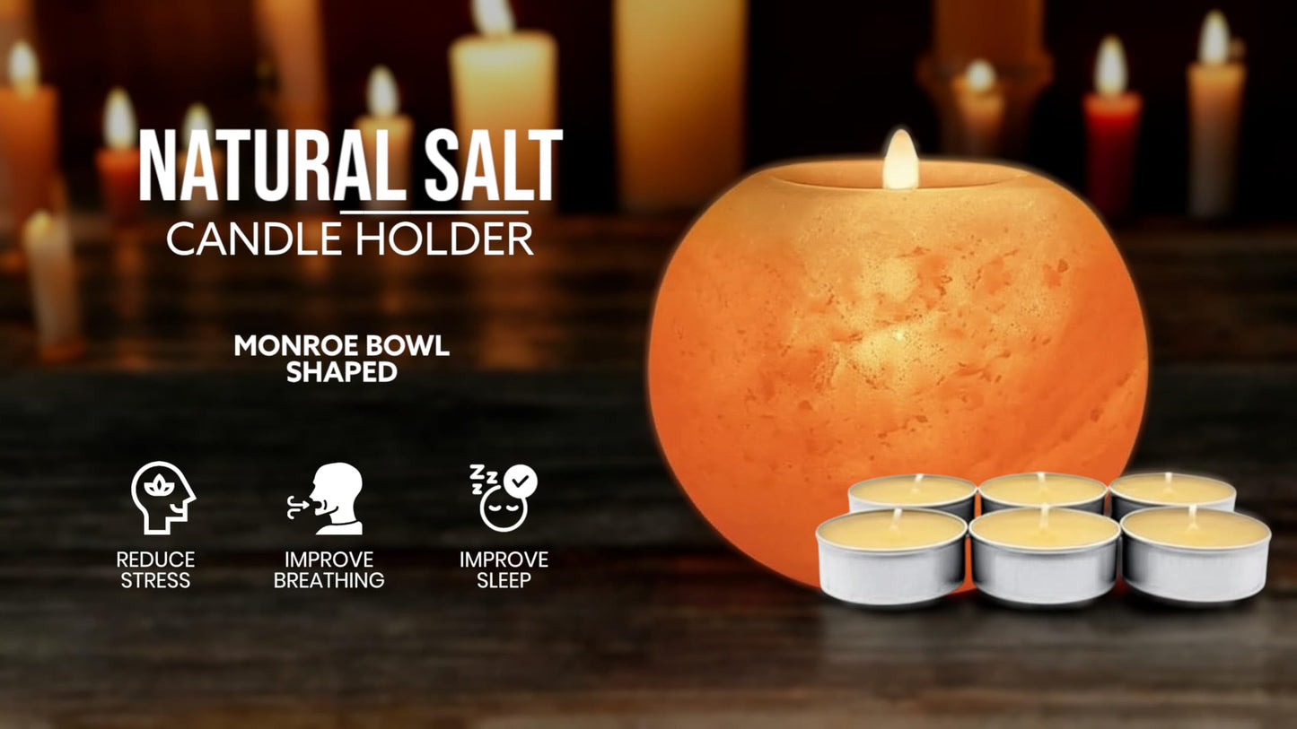 Himalayan Salt Candle Holder Monroe with 6 Tealight Candles - Natural Crystal Salt Stone Holder for Home Décor - in Gift Box.