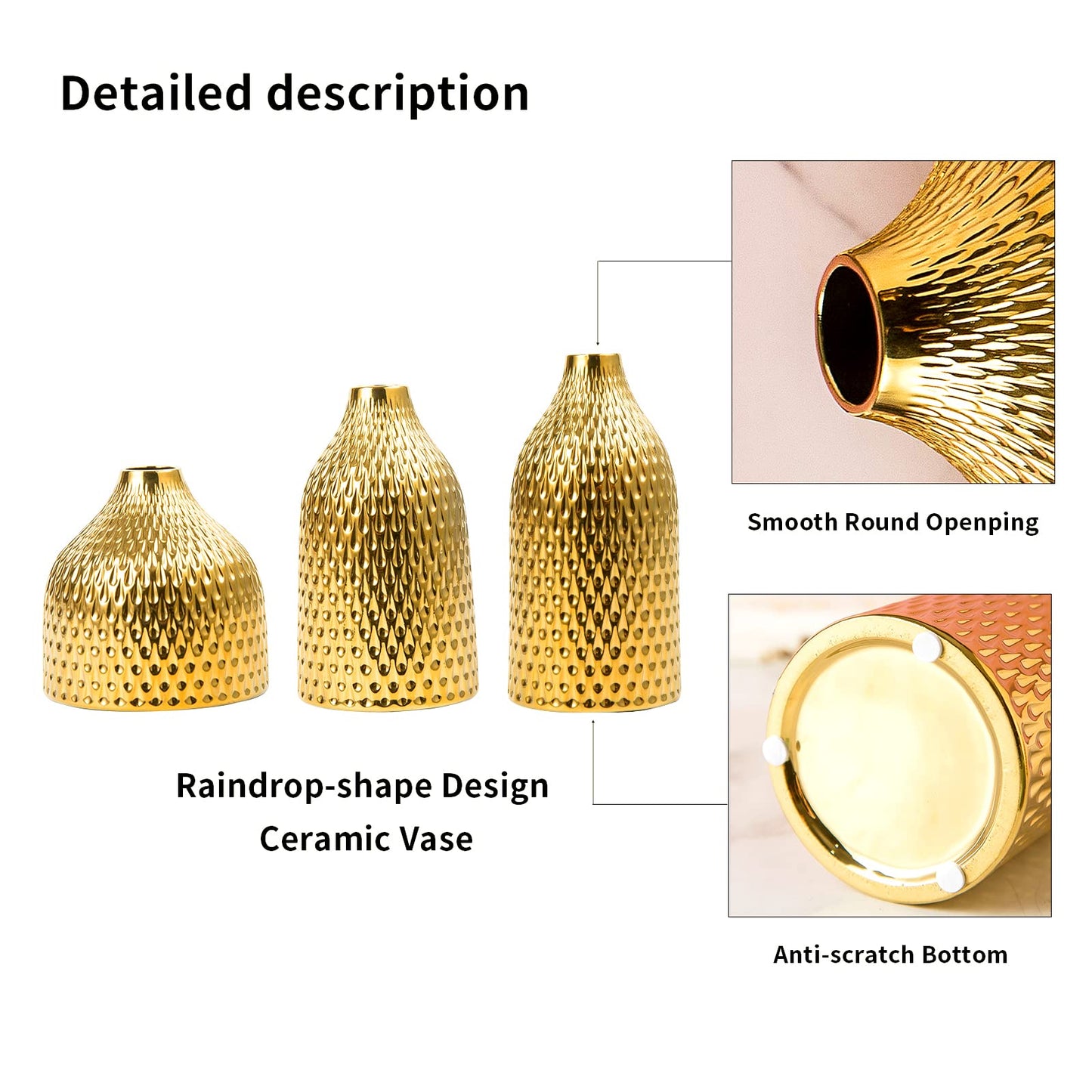 Ceramic Vase Set - 3 Small Vases, Luxurious Home Decor, Great for Centerpieces; Ideal Shelf Décor, Table Décor, Bookshelf, Mantle, Entryway- Gold