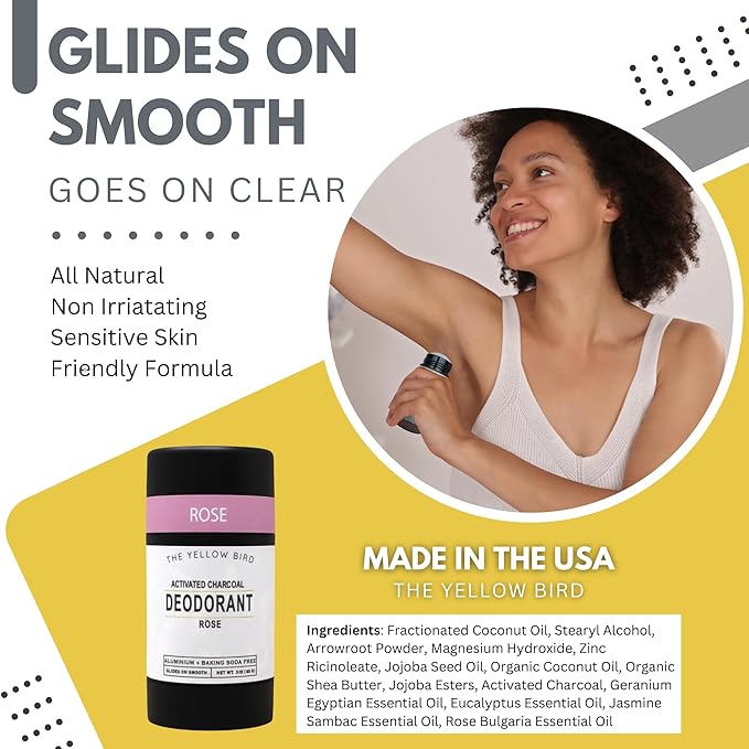 All Natural Rose Deodorant - Baking Soda & Aluminum Free. Includes Essential Oils, Magnesium, Charcoal for Adults, Kids, Sensitive Skin. Vegan | 3oz | Made in USA