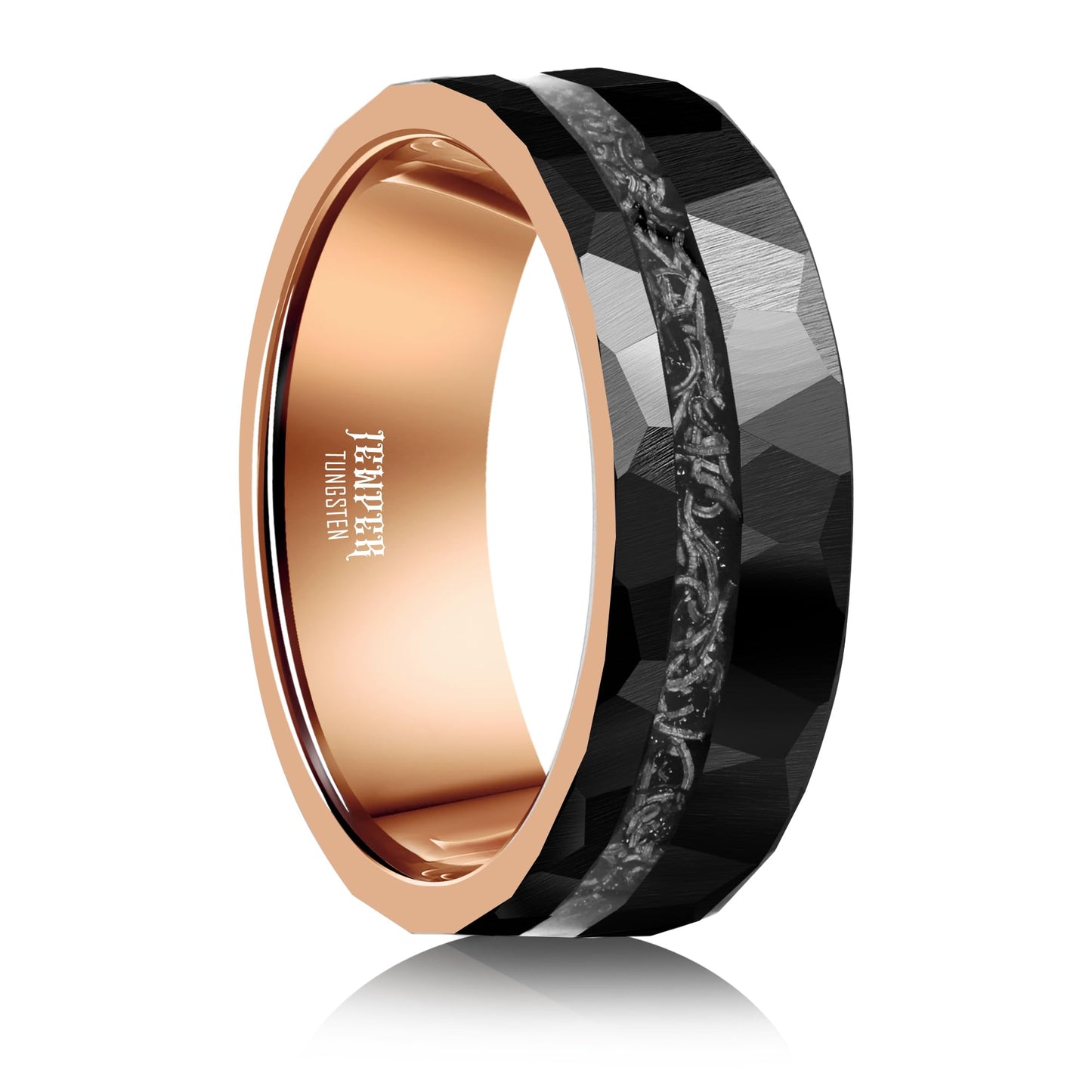 JEWPER 8mm Men Womens Wedding Band Tungsten Rings black rose gold Hammer pattern Fashion Promise Carbide Inlaid Iron Filings Matte Finish Edge Comfort Fit size(9)