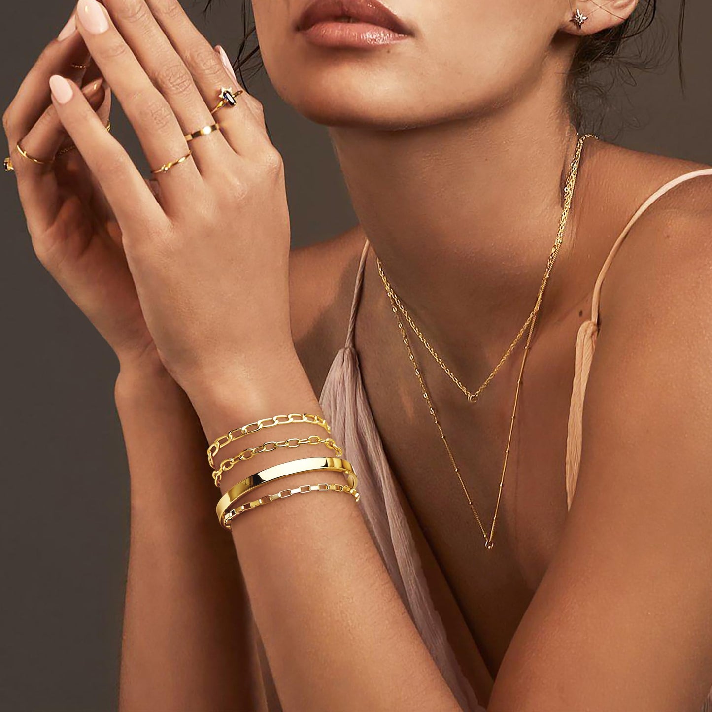5PCS Gold Bracelet Stack for Women, Dainty Stackable Gold Bracelets Set, Gold Plated Stainless Steel Cuff & Chain Bracelets for Women Trendy, Gold Jewelry Set Gift