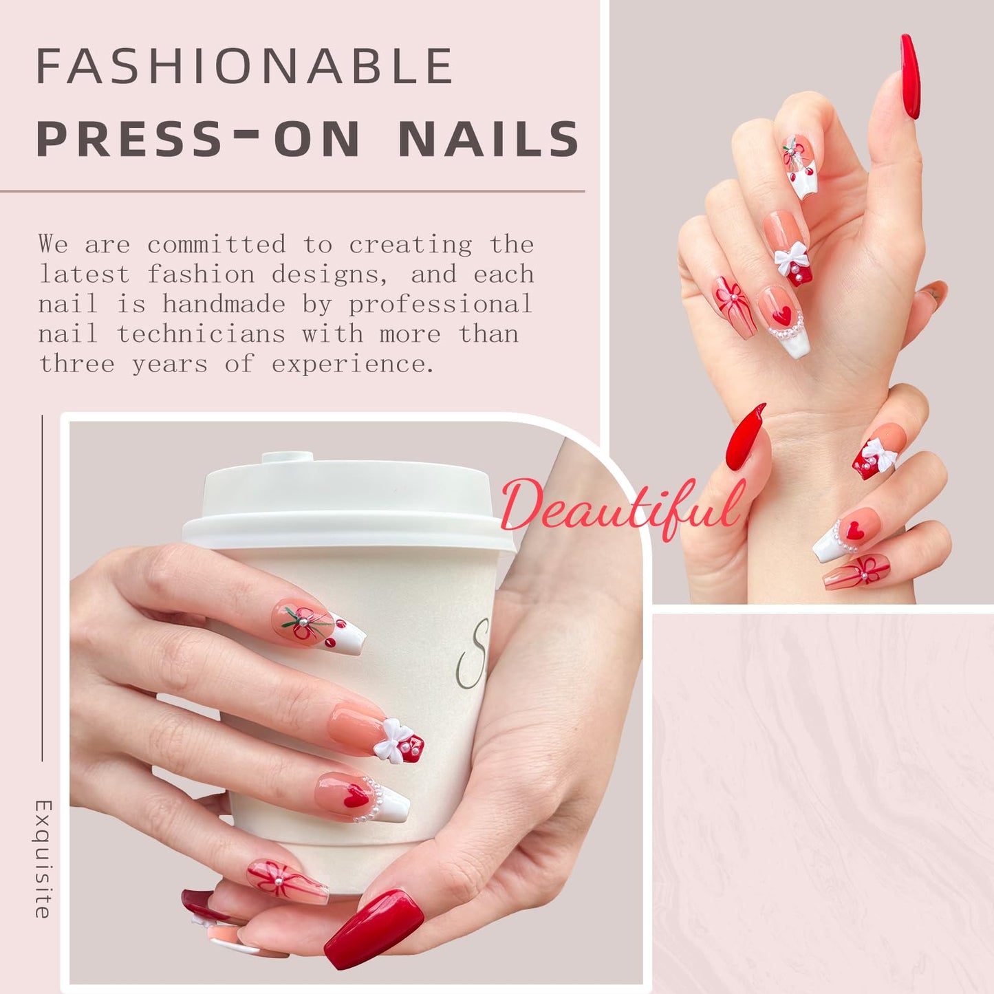 Luxury Handmade Press On Nails - Coffin 3D Bows & Cherry Pearls, French Red Reusable False Nails for Date Night & Spring Party, Salon-Grade Gel Acrylic Nail Art (S-10PCS)