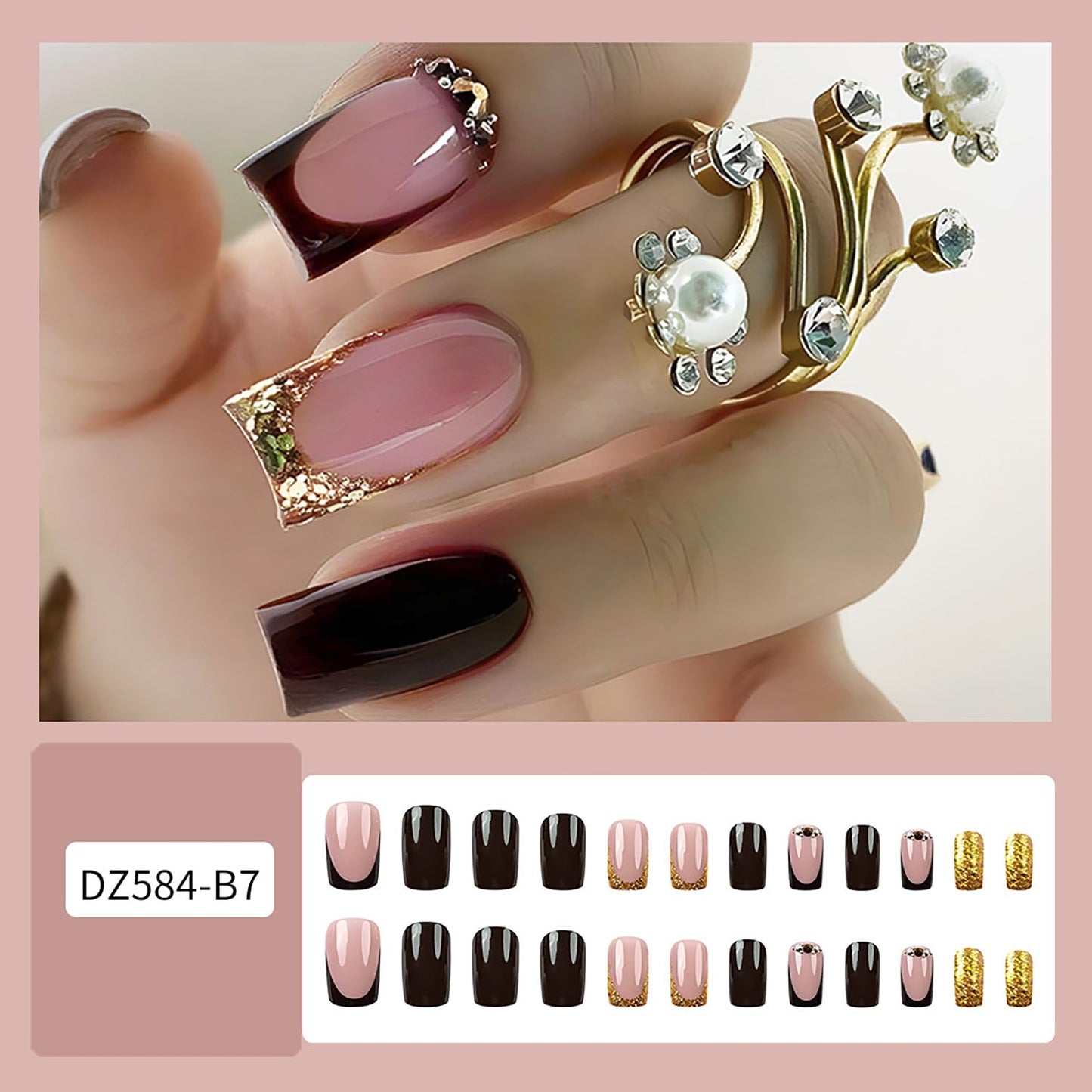 Press On Nails Square Gold French False Nails Glitter Sequins Rhinestones Design Short Full Cover Artificial Acrylic Coffin Nails Reusable Glue on DIY Stick on Nails for Women 24Pcs