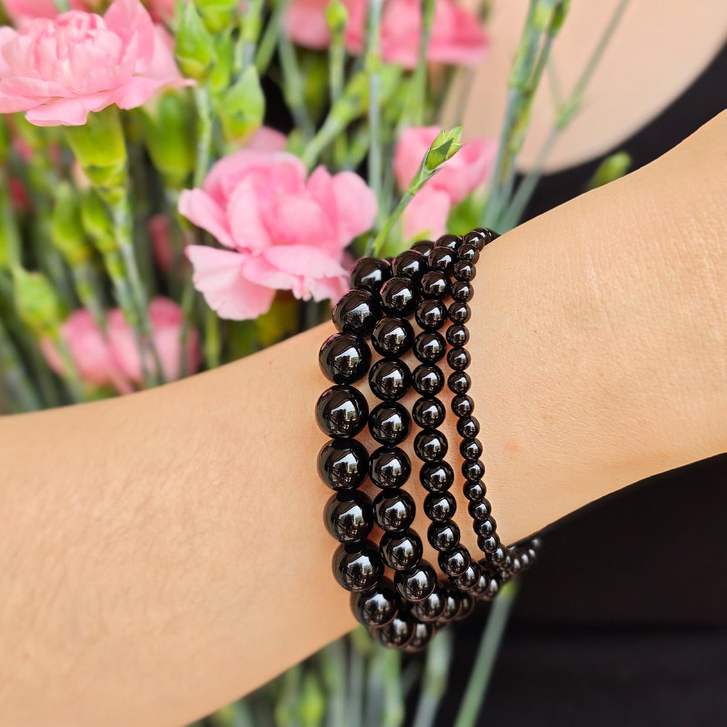Handmade Natural Gemstone Elastic Bracelet - Healing Crystal Beads Jewelry, Unisex (Black Onyx, 8mm)