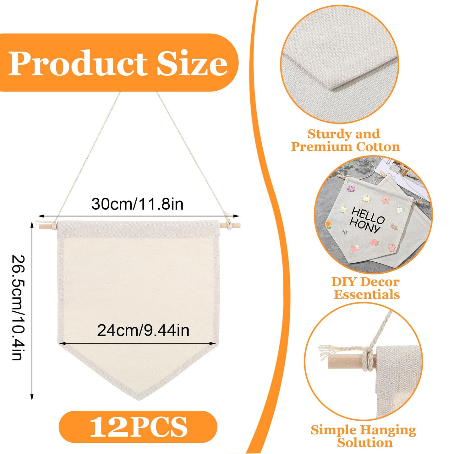 12PCS Blank Canvas Flag, Natural Canvas Banner Wall Hanging with Wooden Dowel for DIY Pin Display, Paint Decorations, Enamel Badge Collection (10.4" x 9.44")