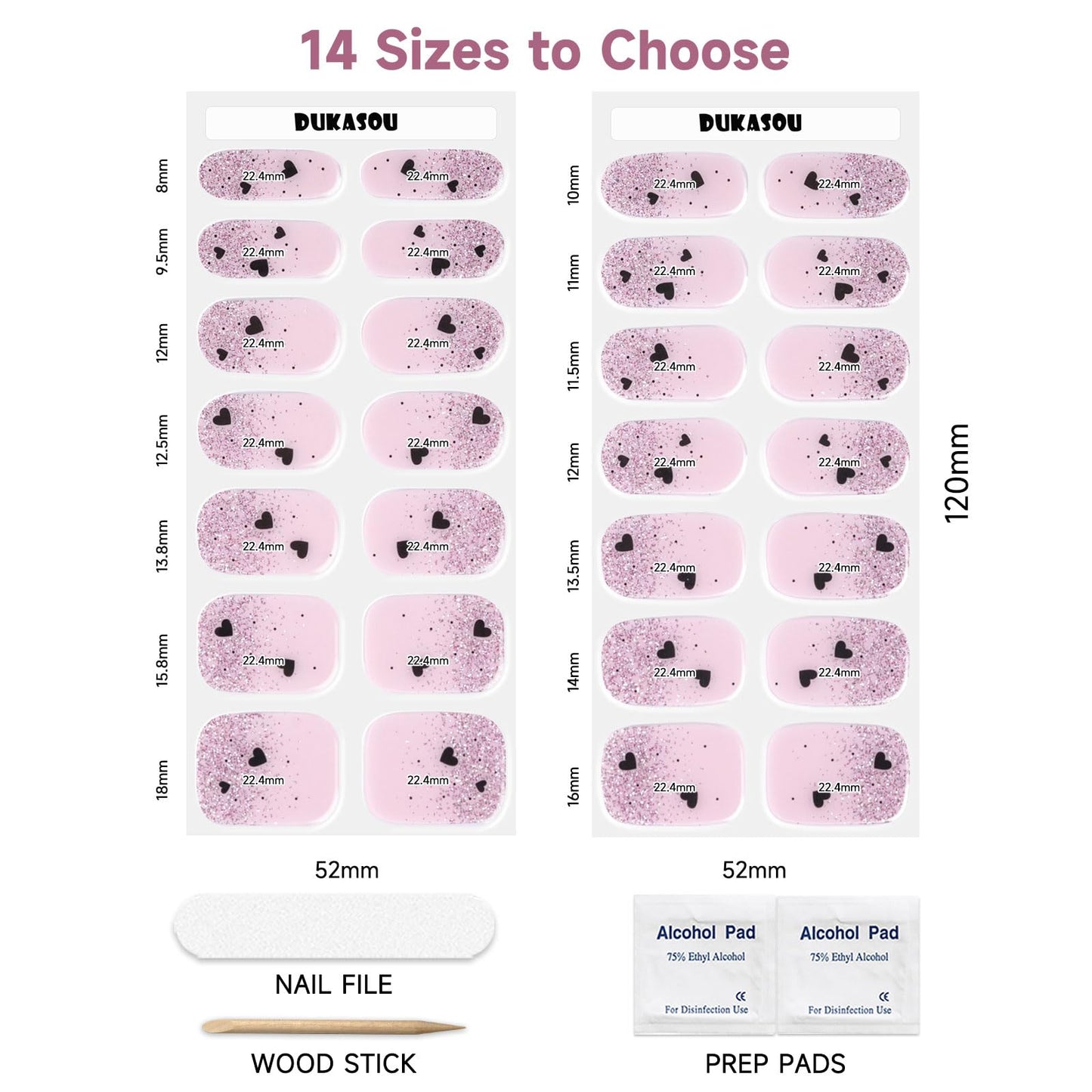 DUKASOU Semi Cured Gel Nail Strips,28 Pcs Heart Gel Nail Stickers/Wraps,Long Lasting Polish Stickers UV Light Requried,Easy to Apply for Dating,Wedding,Holiday