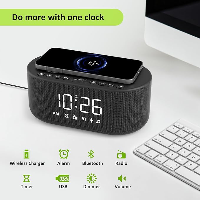 DreamSky Alarm Clock Radio with Wireless Charging and Bluetooth Speaker