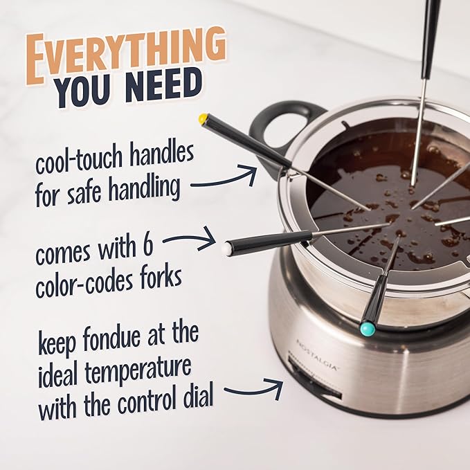 Nostalgia 6-Cup Electric Fondue Pot Set for Cheese & Chocolate - 6 Color-Coded Forks, Temperature Control - Stainless Steel Kitchen Gadgets and Appliances for Hors d'Oeuvres and More - Stainless Steel