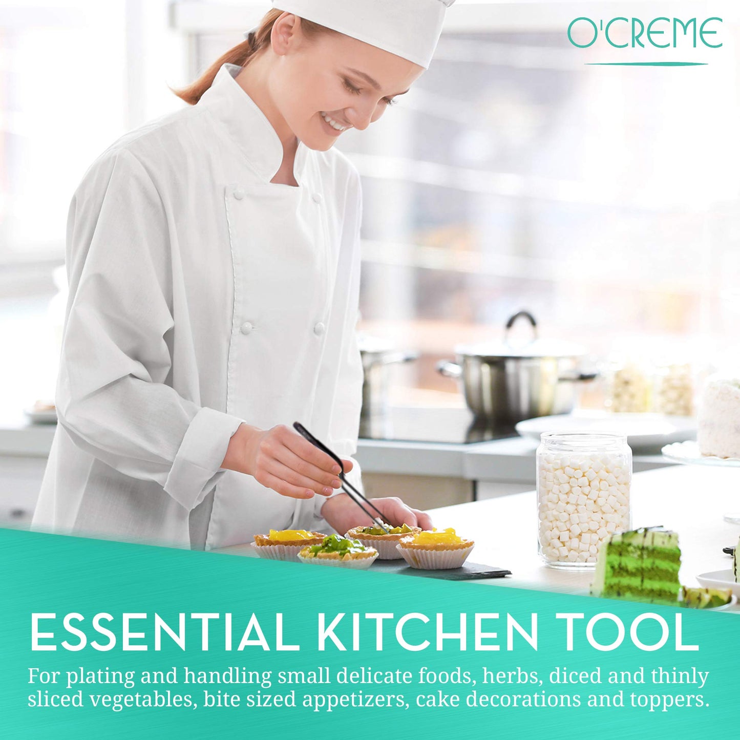 O'Creme 8 Inch Black Stainless Steel Precision Kitchen Culinary Offset Tweezer Tongs