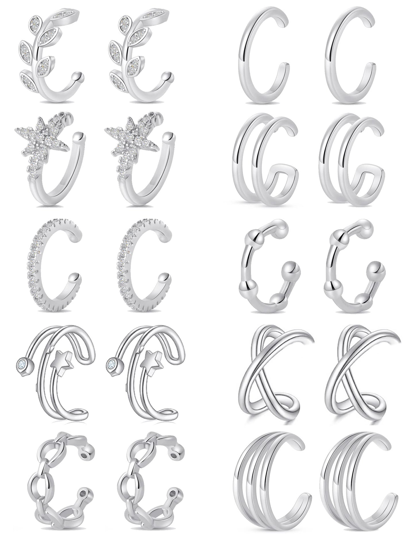 Tornito 4-10 Pairs Ear Cuff Helix Cartilage Clip On Wrap Earrings Fake Nose Ring Non-Piercing Adjustable (A7:10Pairs, Silver Tone)