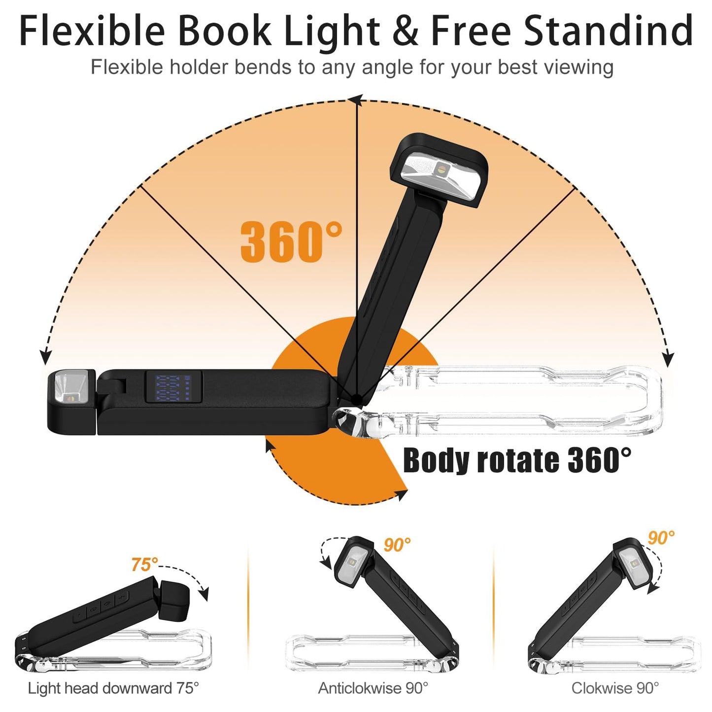 SFV Digital Book Lights for Reading at Night, USB Rechargeable Reading Lights for Books in Bed Clip-on, 3 Colors & 5 Brightness Dimmable, Compact & 80H Long Lasting for Book Lovers, Kids, Black
