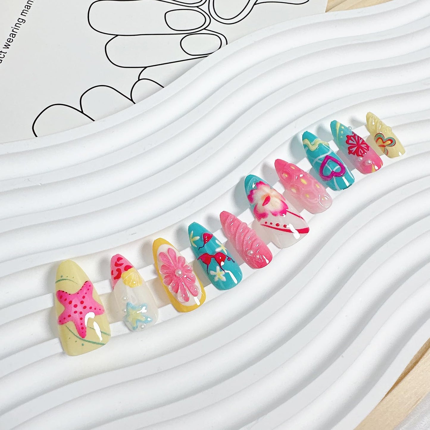 30Pcs Handmade Press on Nails Medium Almond Fake Nails with 3D Designs Summer Beach Acrylic Nails Seashell Flower Glue on Nails Heart Starfish False Nail Lemon Butterfly Stick on Nail for Women