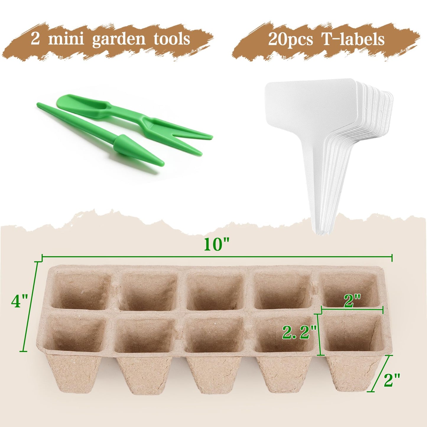 Omitgoter 200 Cells Seed Starter Tray, 20 Pcs Biodegradable Plant Starter Peat Pots(Including T-Type Labels & Starter Tools)– Eco-Friendly Gardening Supplies, No Transplant Needed