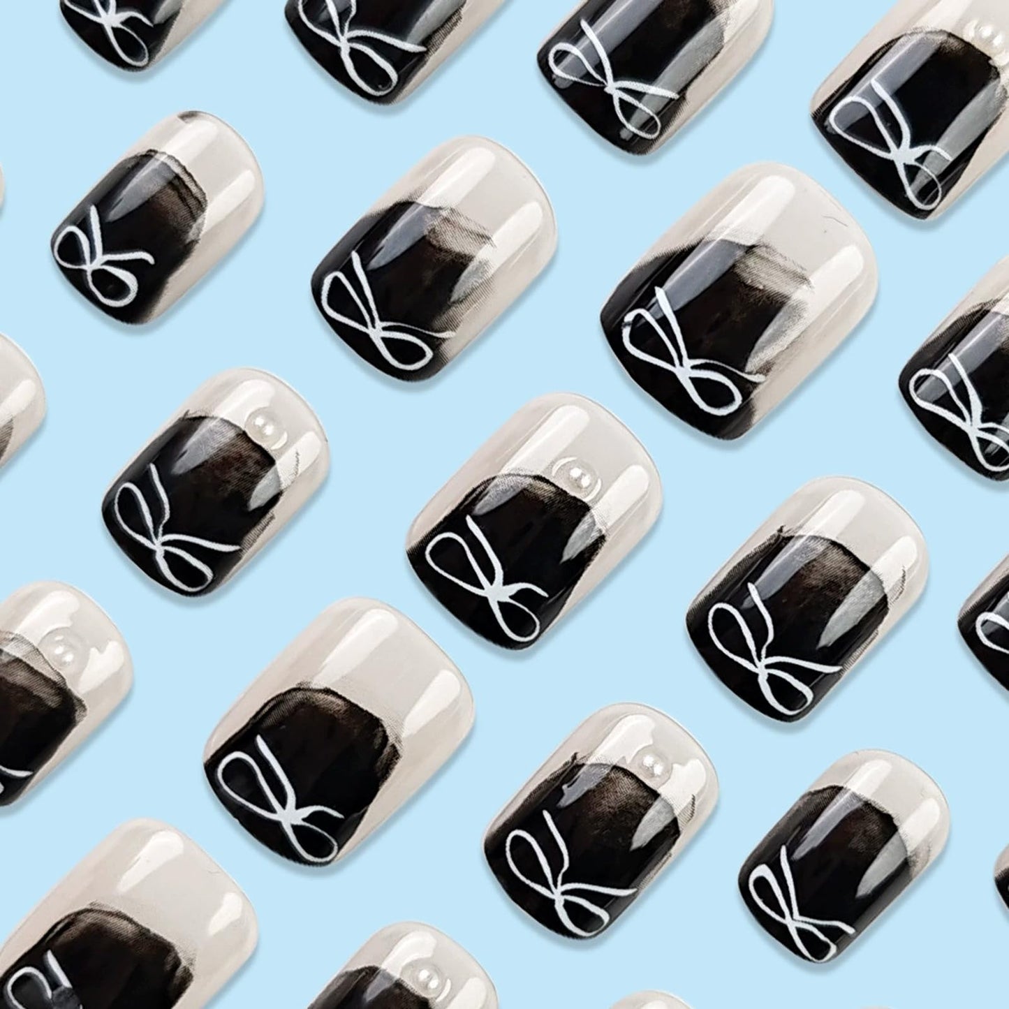 IMSOHOT Press on Nails Short Square Fake Nails Black French False Nails Artificial Full Cover Silver Bow Glue on Nails for Women Nail Decoration