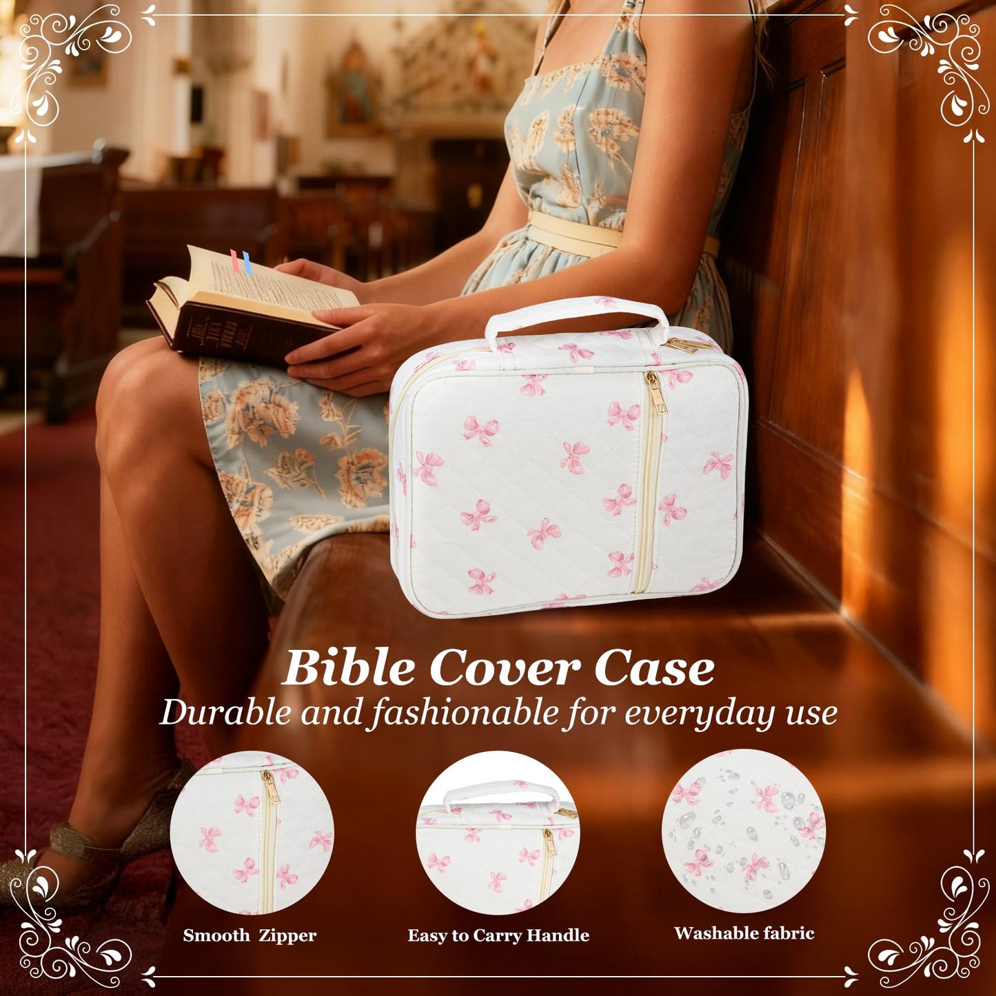 Ecehyon Bible Cover Case for Women,Large Quilted Case with Handle,Included Diverse Bible Study Supplies,Christian Gift for Women (Pink Butterfly, 11.8 * 9.6 * 2.4 in)