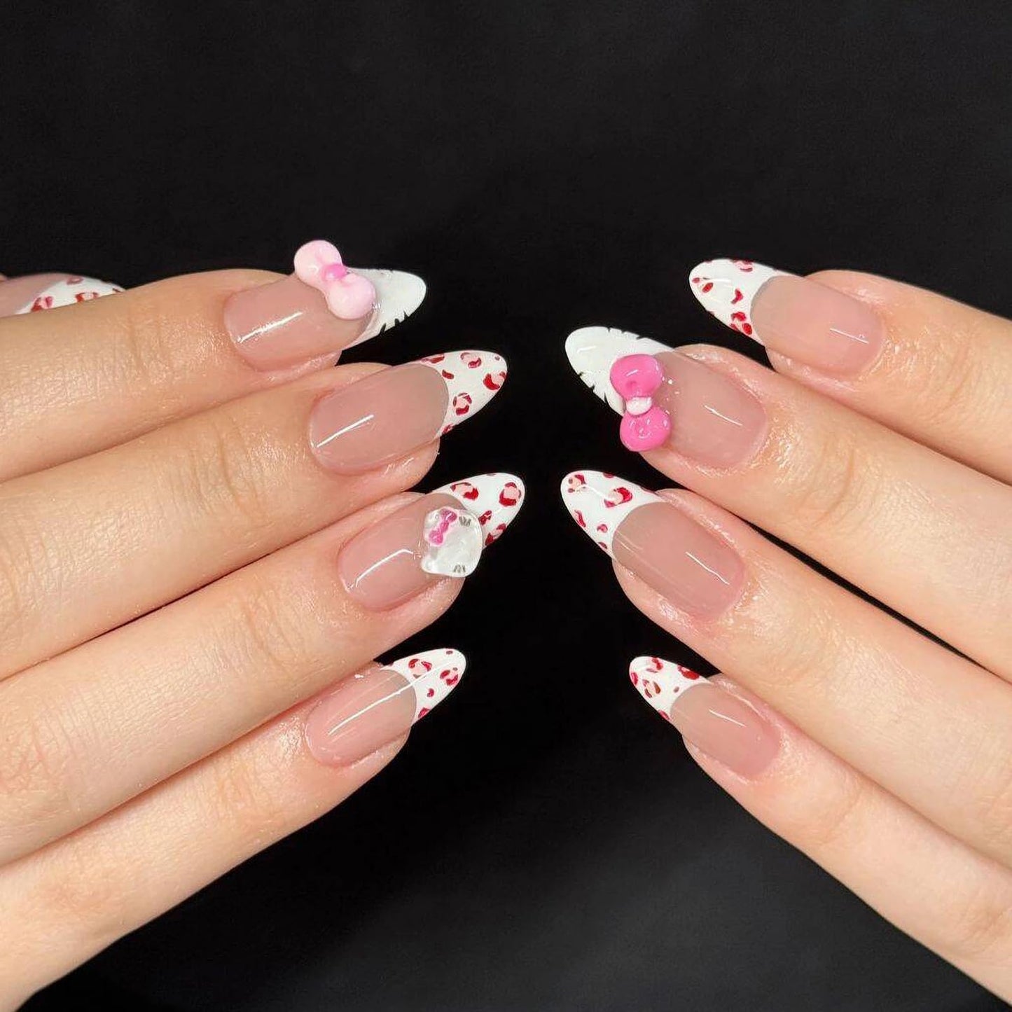 MISUD Press on Nails - Medium Almond Glue on Nails with Pink Cheetah, Acrylic Cute Cat Design 24 pcs
