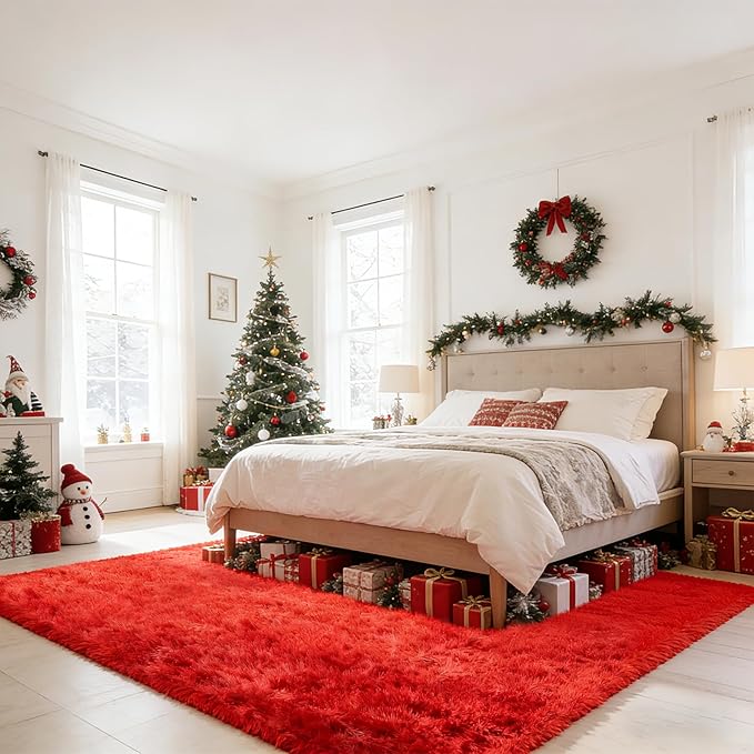Red Shag Area Rugs for Bedroom Living Room,Ultra Soft Fluffy Christmas Area Rugs 8x10 for Dorm,Indoor Carpet Nursery Rugs for Kids Girls Room Home Decor (Red, 8x10 Feet)