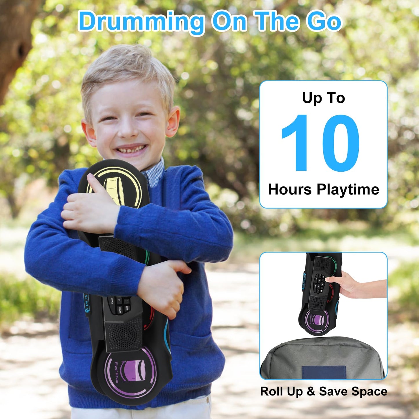 Electric Drum Set, 9 Pads Kids Drum Set, Roll-up Practice Drum Pad with Headphone, MIDI, Built-in Dual Stereo Speakers Drum Sticks Foot Pedals 10 Hours Playtime (9 pad Dual Stereo Speakers)