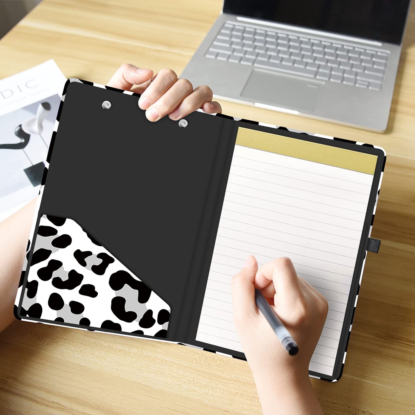 Hongri Mini Clipboard Folio with Refillable Lined Notepad and Interior Storage Pocket for Students, Classroom, Office, Women, Man, Cute Custom Pattern, Standard A5 Size 6 x 9 in, Cream Spots