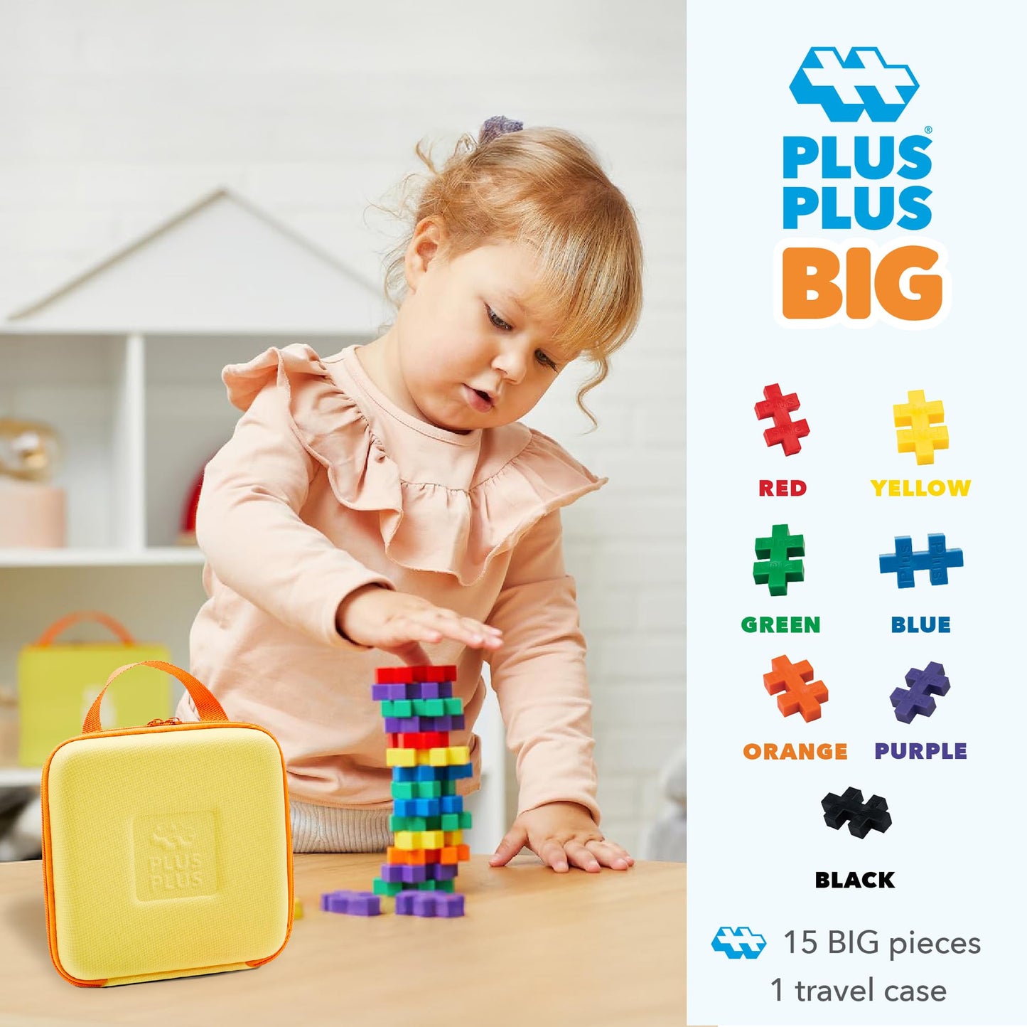 PLUS PLUS Big - Travel Case w/ 15 Big Pieces - Interlocking Large Puzzle Building Blocks, Quiet Stem Toys for Toddlers - Gifts for Boys & Girls
