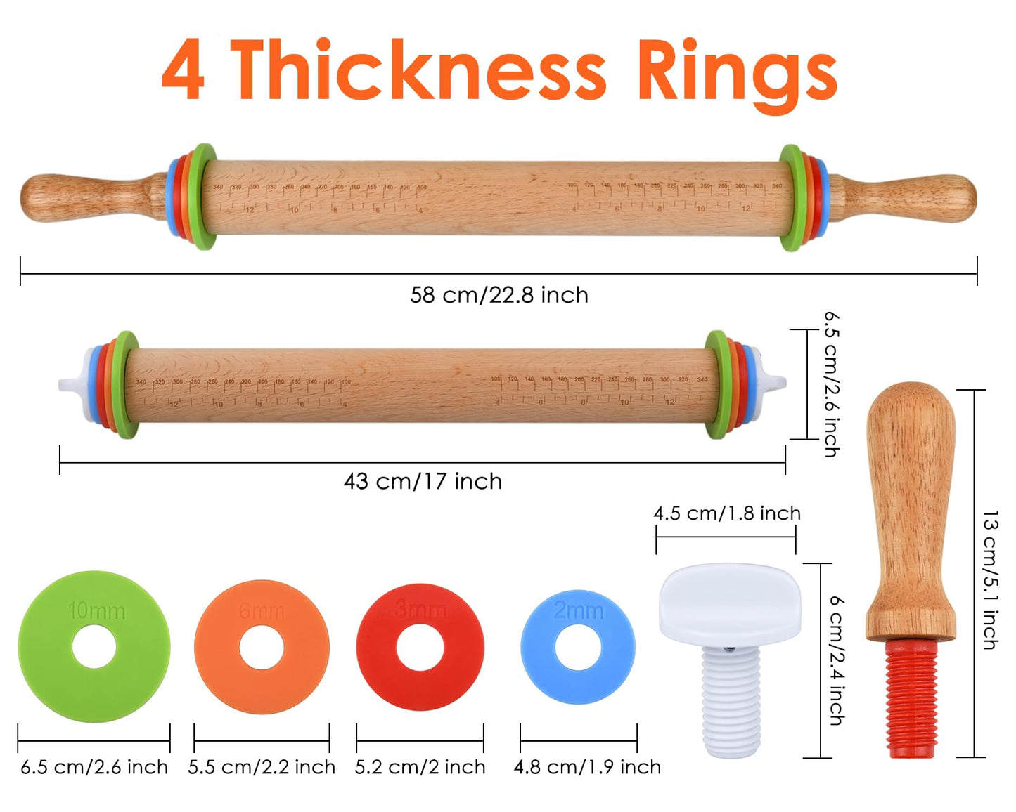 Victhur Rolling Pin with 4 Adjustable Thickness Rings and Long Handle 13.6 Inch Wooden Dough Roller for Baking, Dough, Cookie, Cake, Fondant, Pizza and Pie Crust
