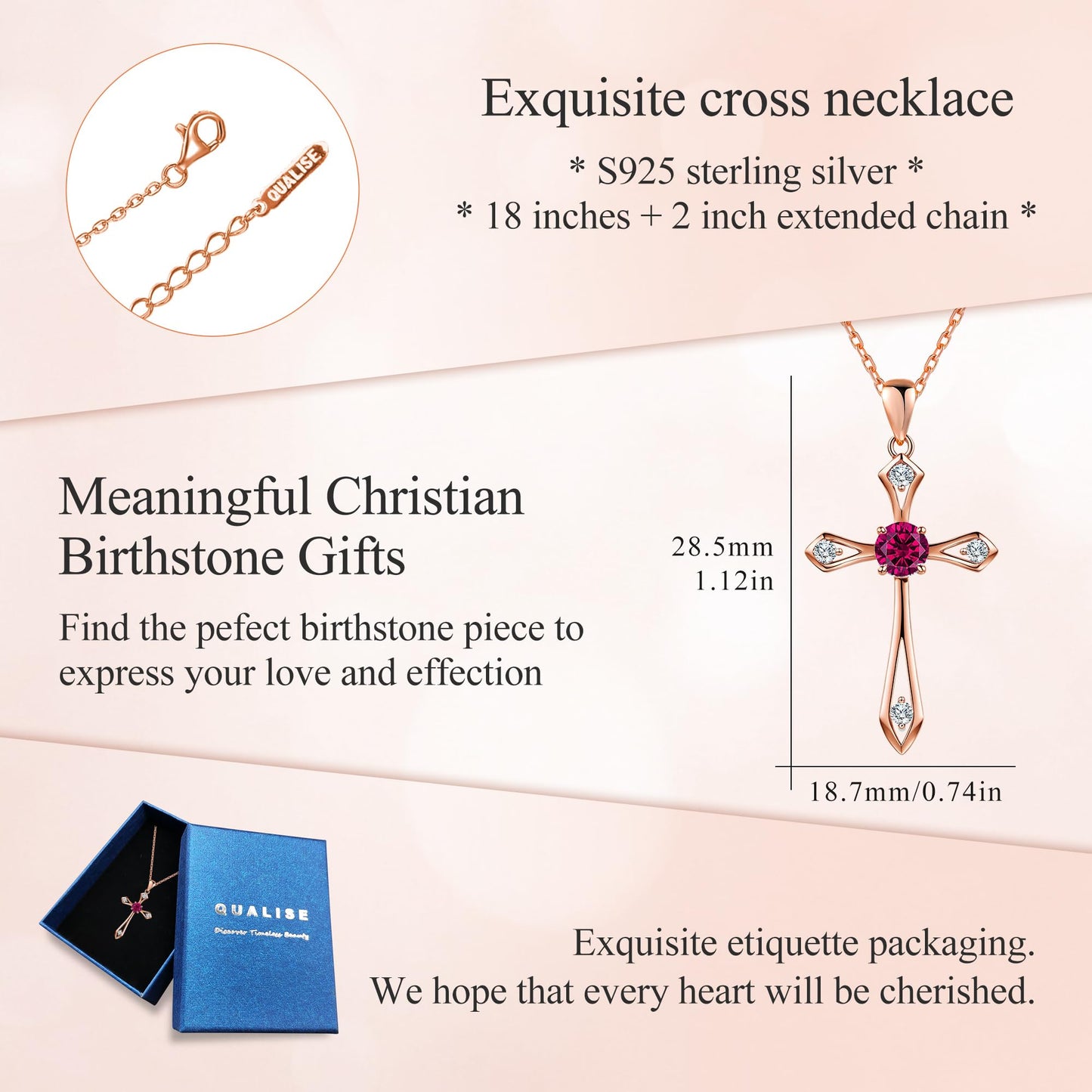 QUALISE Cross Necklace for Women,925 Sterling Silver Birthstone Necklace,Ruby-July Birthstone Cross Necklace,Faith Religious Fine Jewelry Valentines Day Gifts Birthday Holiday Gifts for Her