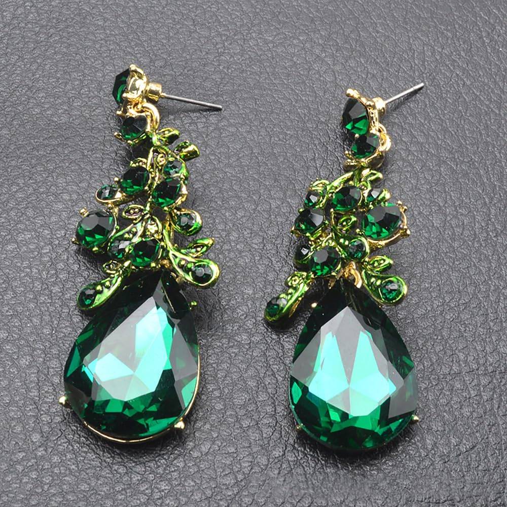 Qlavoca Vintage Crystal Teardrop Necklace Earrings Set - Gothic Statement Jewelry for Wedding Bridal Prom Party (Green-Gold Tone)