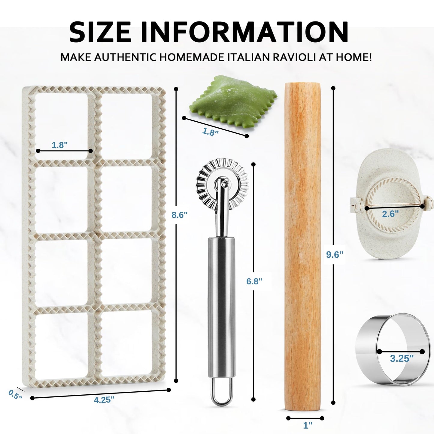 MUMSUNG Ravioli Maker Press, Ravioli Press Mold Set - 1.85" Squares Ravioli Stamp Maker Cutter with Wood Rolling Pin, 2.6" Empanada Maker Press Kit and Ravioli Wheel, Makes 8 Ravioli