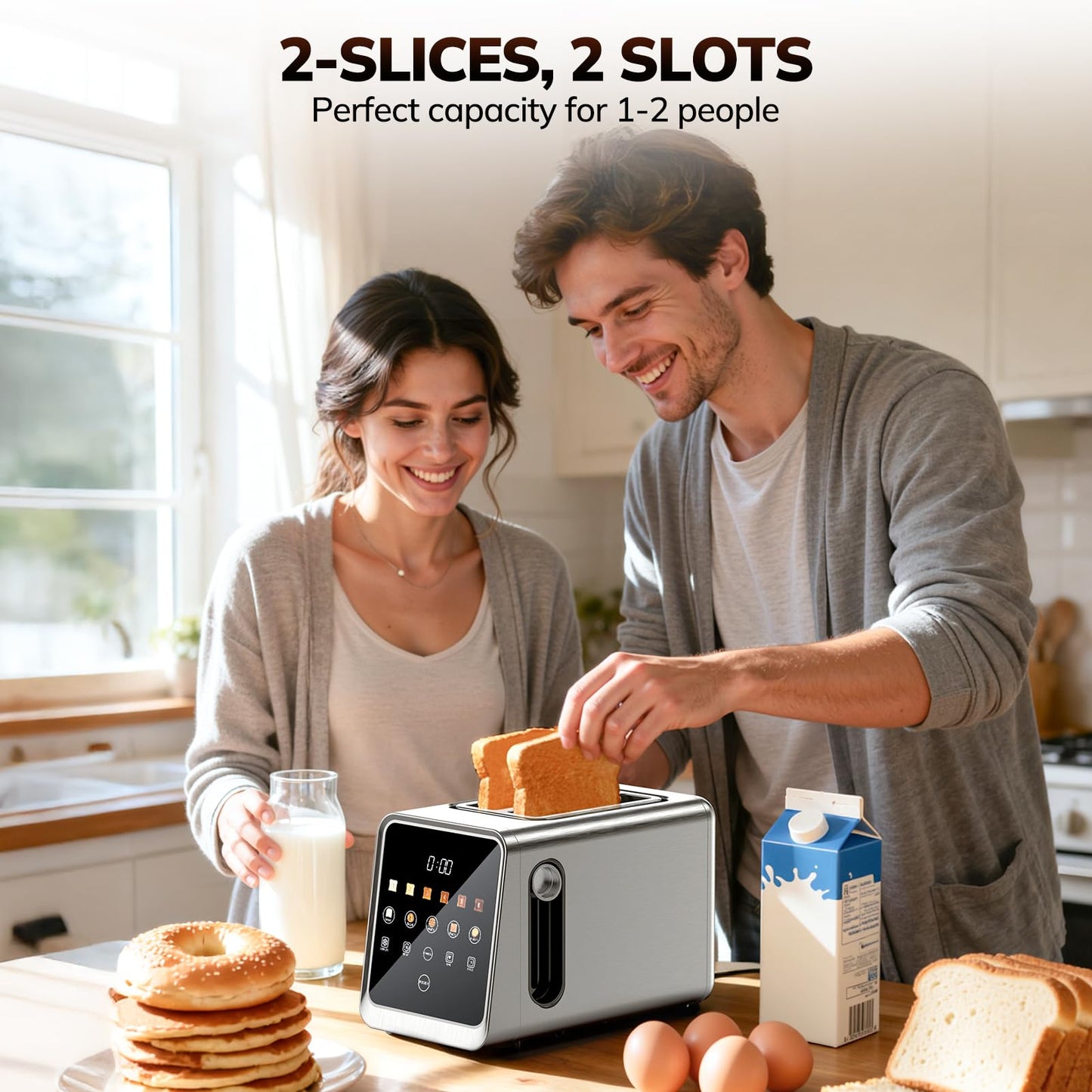 Keenstone Toaster 2 Slice, Digital Smart Toaster with TouchScreen, Dual Control Panel, Single Slot Toasting, Timer, Reheat & Defrost for Bagels, Bread, Waffles, Stainless Steel Kitchen Essentials