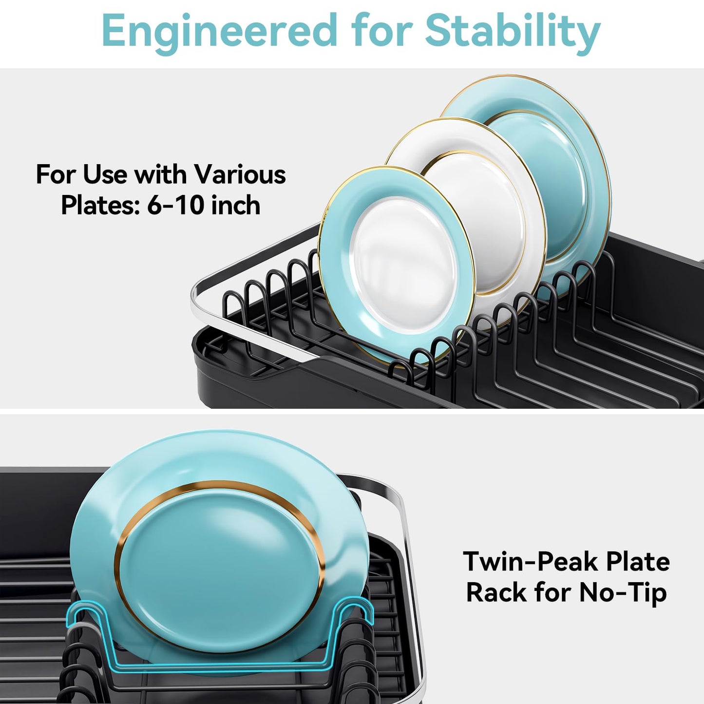 Urackify Expandable Dish Rack for Kitchen Counter,16.14"-23.62" Large Stainless Steel Dish Drying Rack with Adjustable Water Spout, Space Saving Dish Drainer with Auto Draining Cutlery Holder,Black