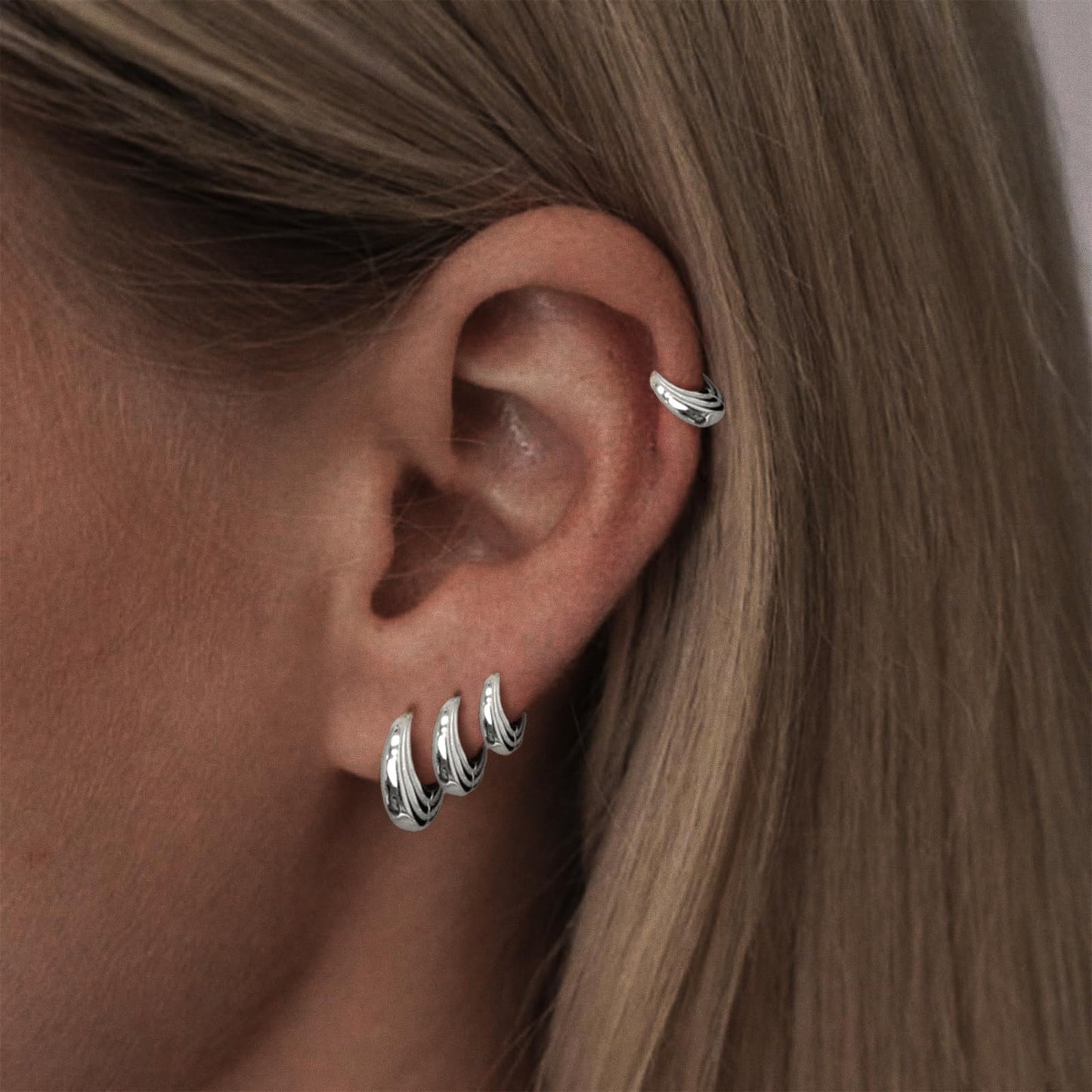 Silver Hoop Earrings Set for Women Huggie Cartilage Clip On Earrings Set for Multiple Piercing Lightweight Jewelry