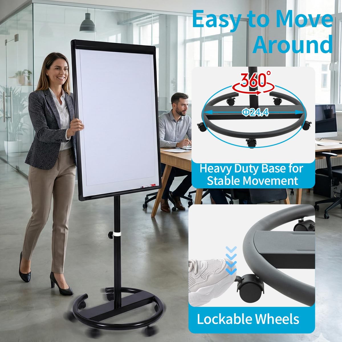 DexBoard 40 X 28 Inch Mobile Magnetic Whiteboard on Wheels, Rolling Dry Erase Board Easel on Height Adjustable Stand with Flipchart Paper Pad (25 Sheets) for Class Teaching, Office Meeting & Workshops