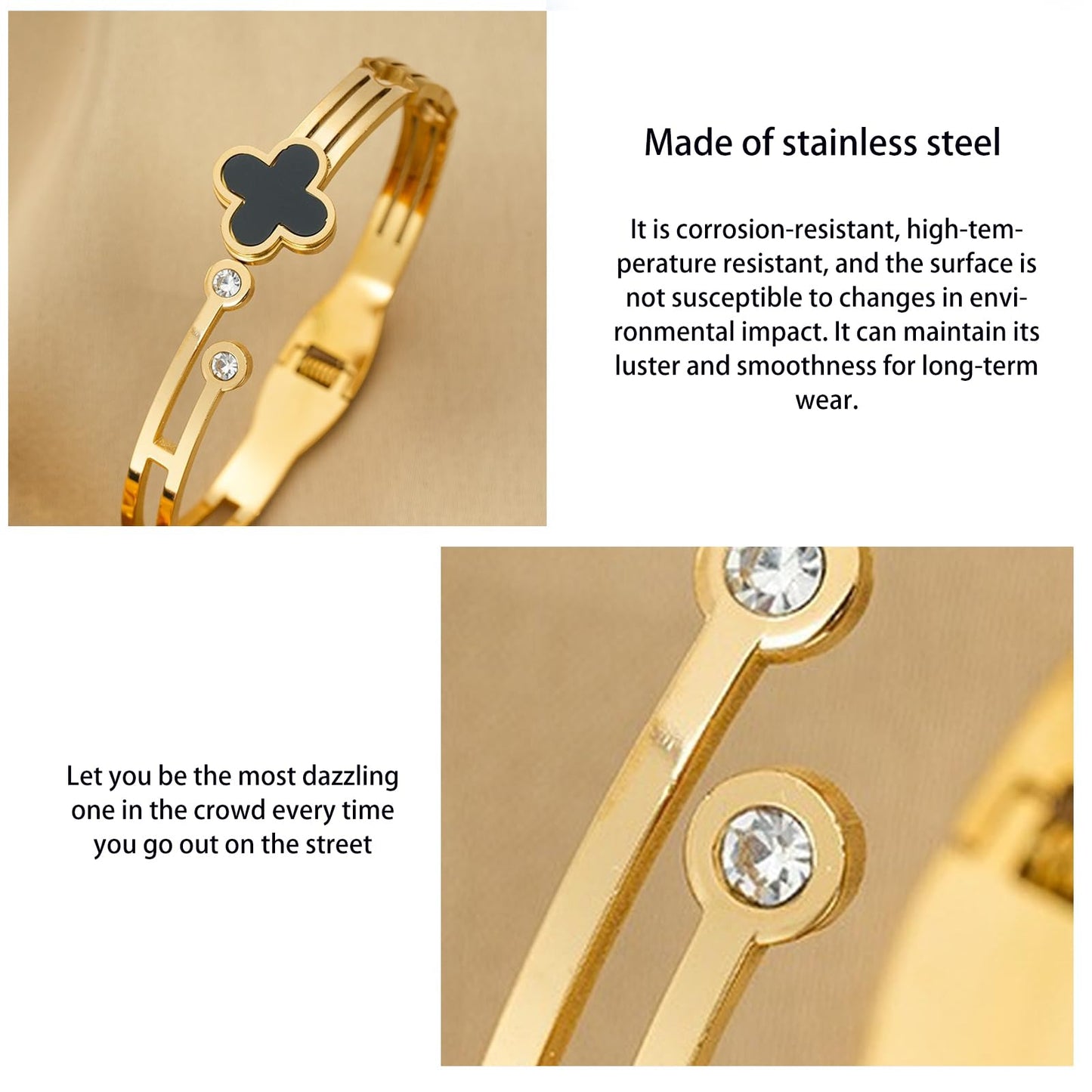 Vbvbip 18K Gold Plated 316L Stainless Steel Bangle Bracelet Collection - 12 Unique Designs + Matching Diamond-Accent Titanium Steel Chain, Gift for Women