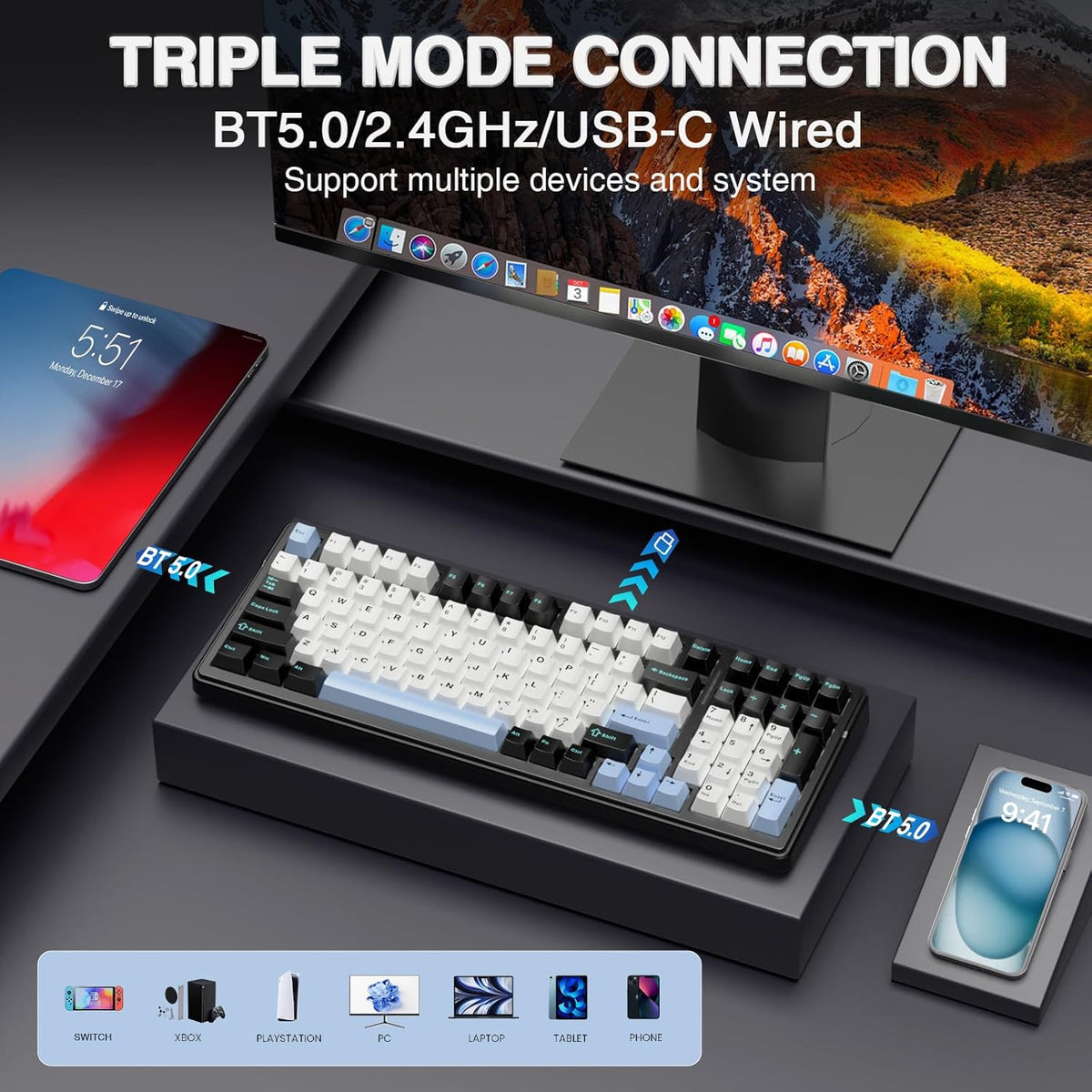 AULA F99 Wireless Mechanical Keyboard,Tri-Mode BT5.0/2.4GHz/USB-C Hot Swappable Custom Keyboard,Pre-lubed Linear Switches,RGB Backlit Gaming Keyboards for PC/Tablet/Xbox/PS4/PS5