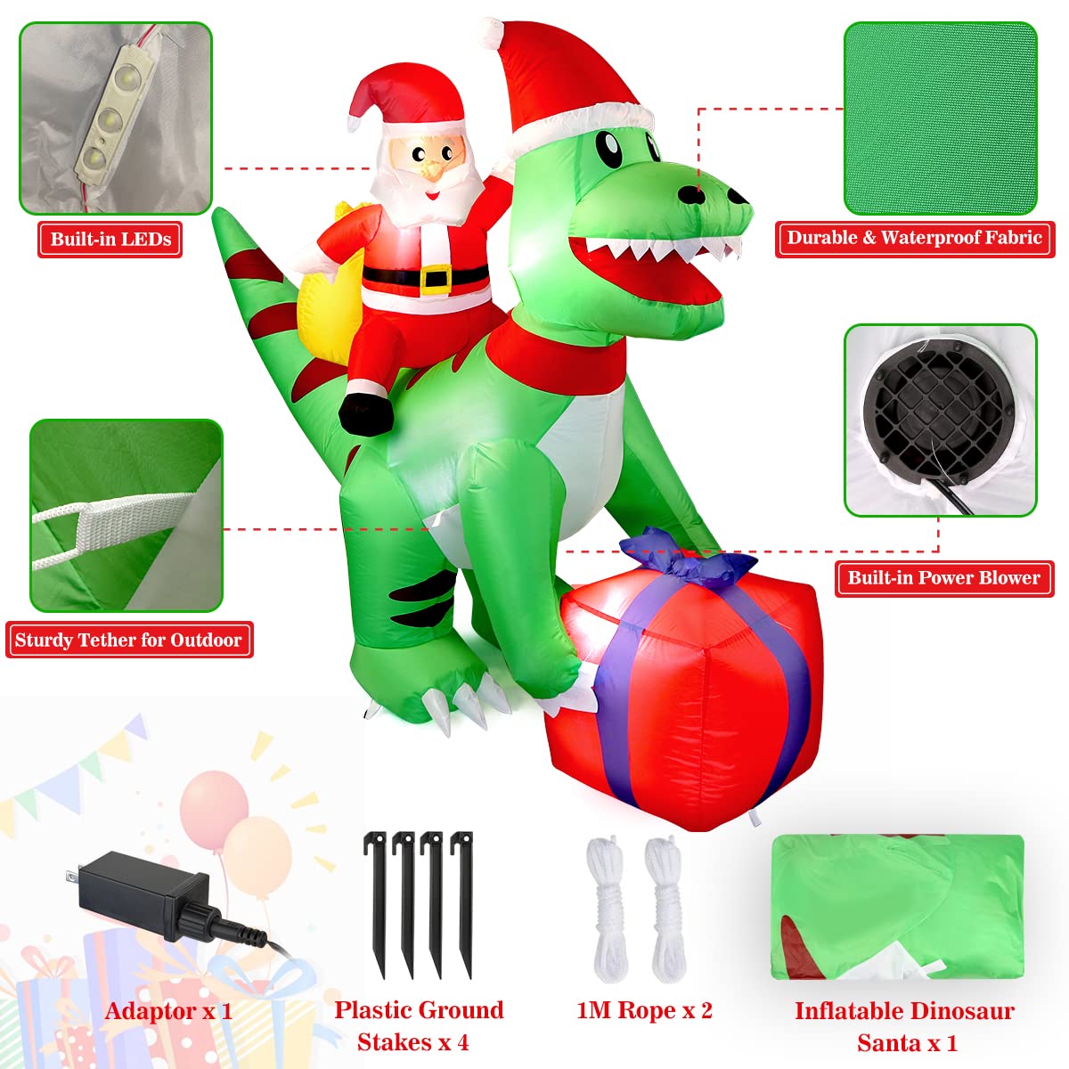 5 Ft Christmas Inflatable Dinosaur with Santa, LED Lights, Indoor Outdoor Holiday Yard Decor, Green T-Rex with Gift Box