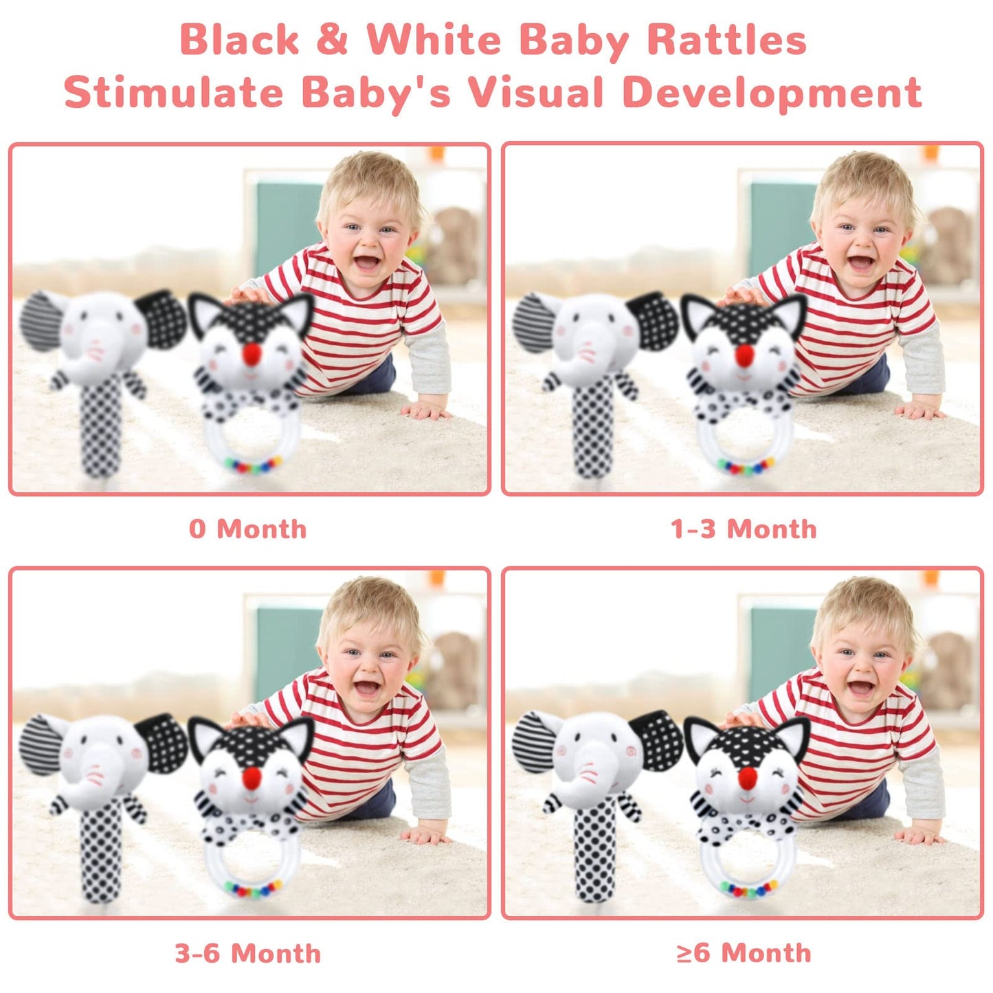 Baby Rattles & Toys - 0-3 Months, High Contrast Black & White Plush Stuffed Toys for Infants