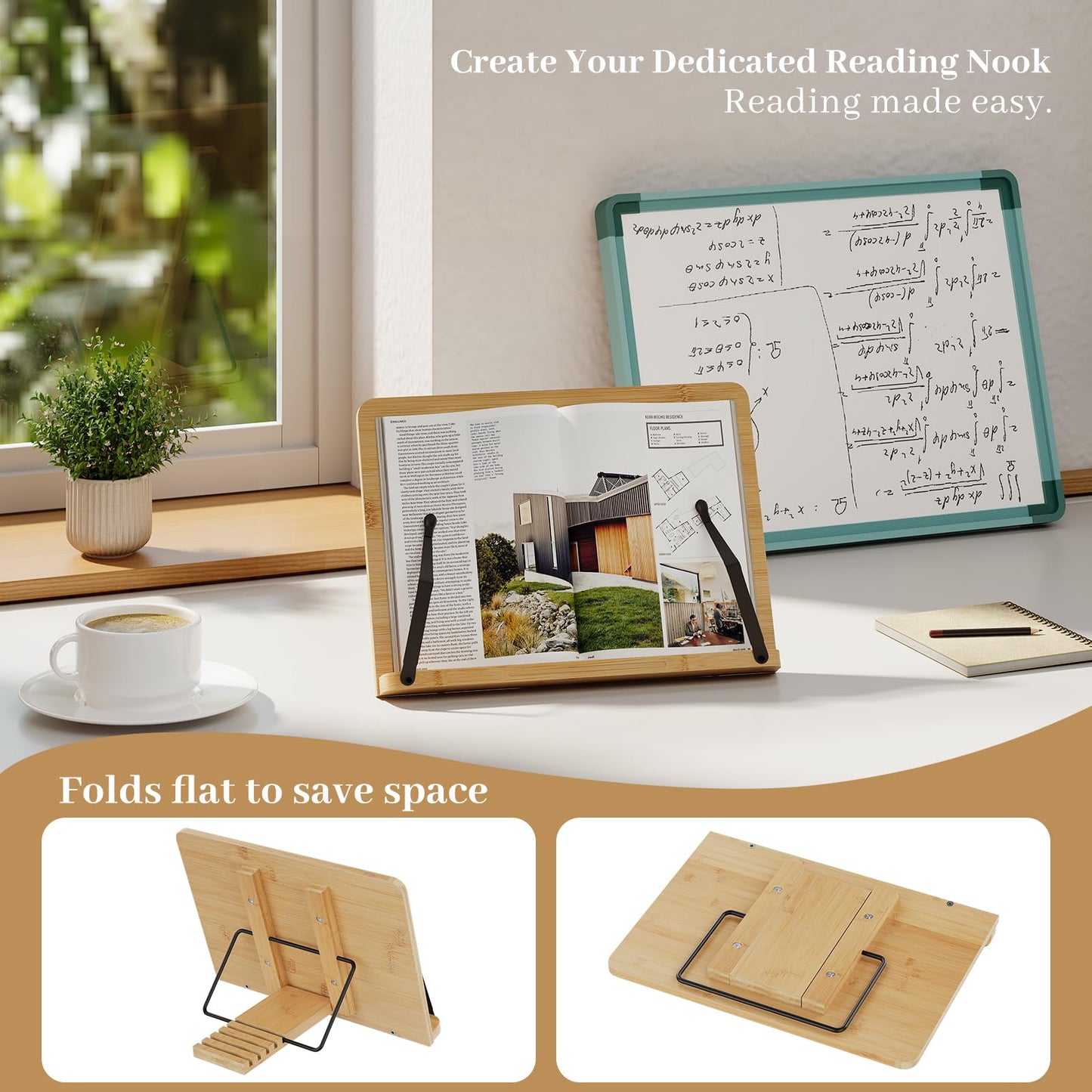 Bamboo Book Stand, Adjustable Book Holder, Music Stand - Lightweight and Stable for Cookbook, Textbook, Notebook, Desk Home Office Kitchen (Small)